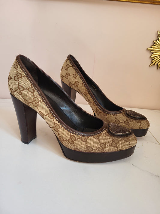 Gucci Leather Lined Classic Print Platform Heels