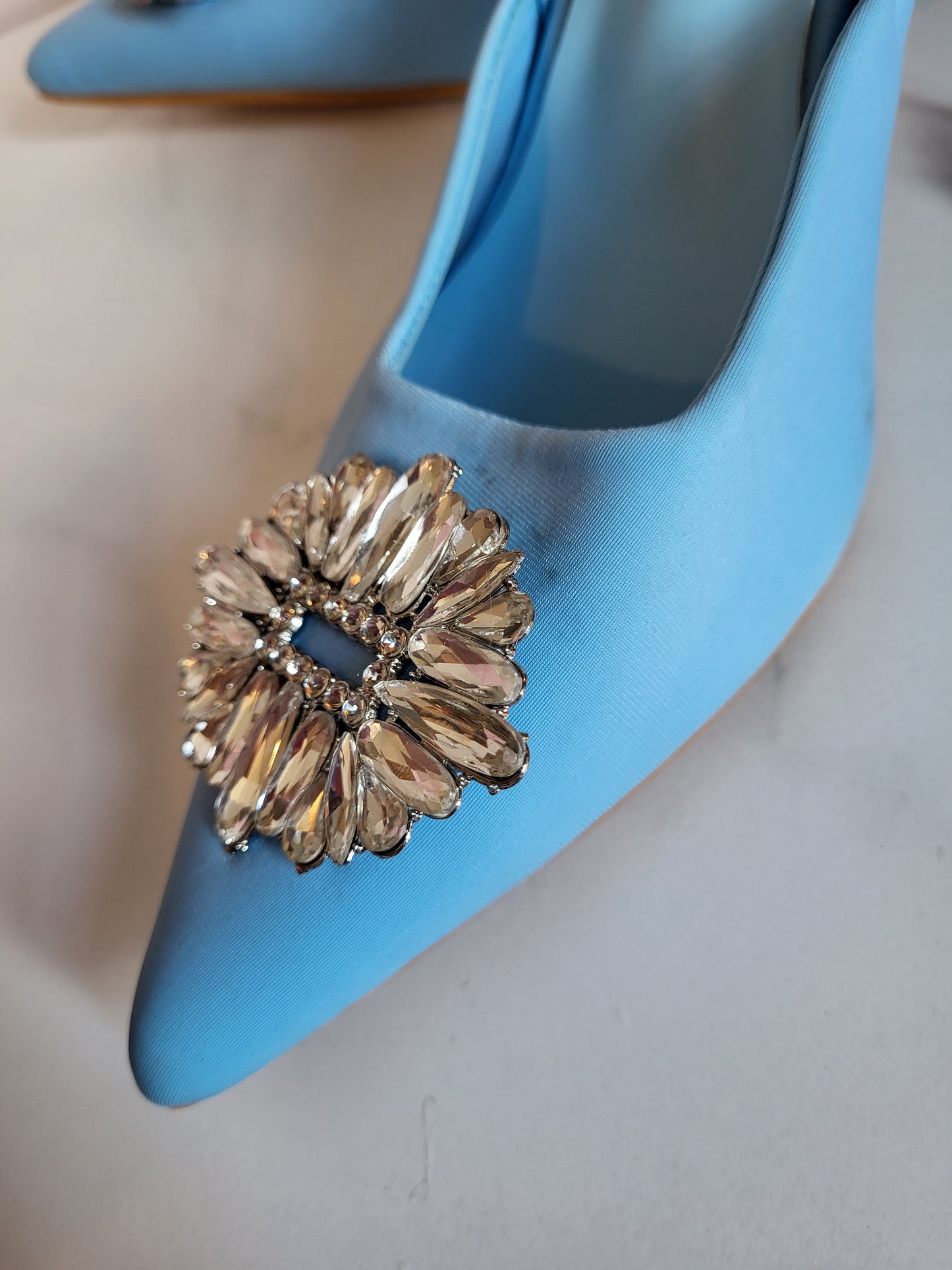 Cornflower Blue Diamante Sling back Heels in the style of Manolo Blahnik