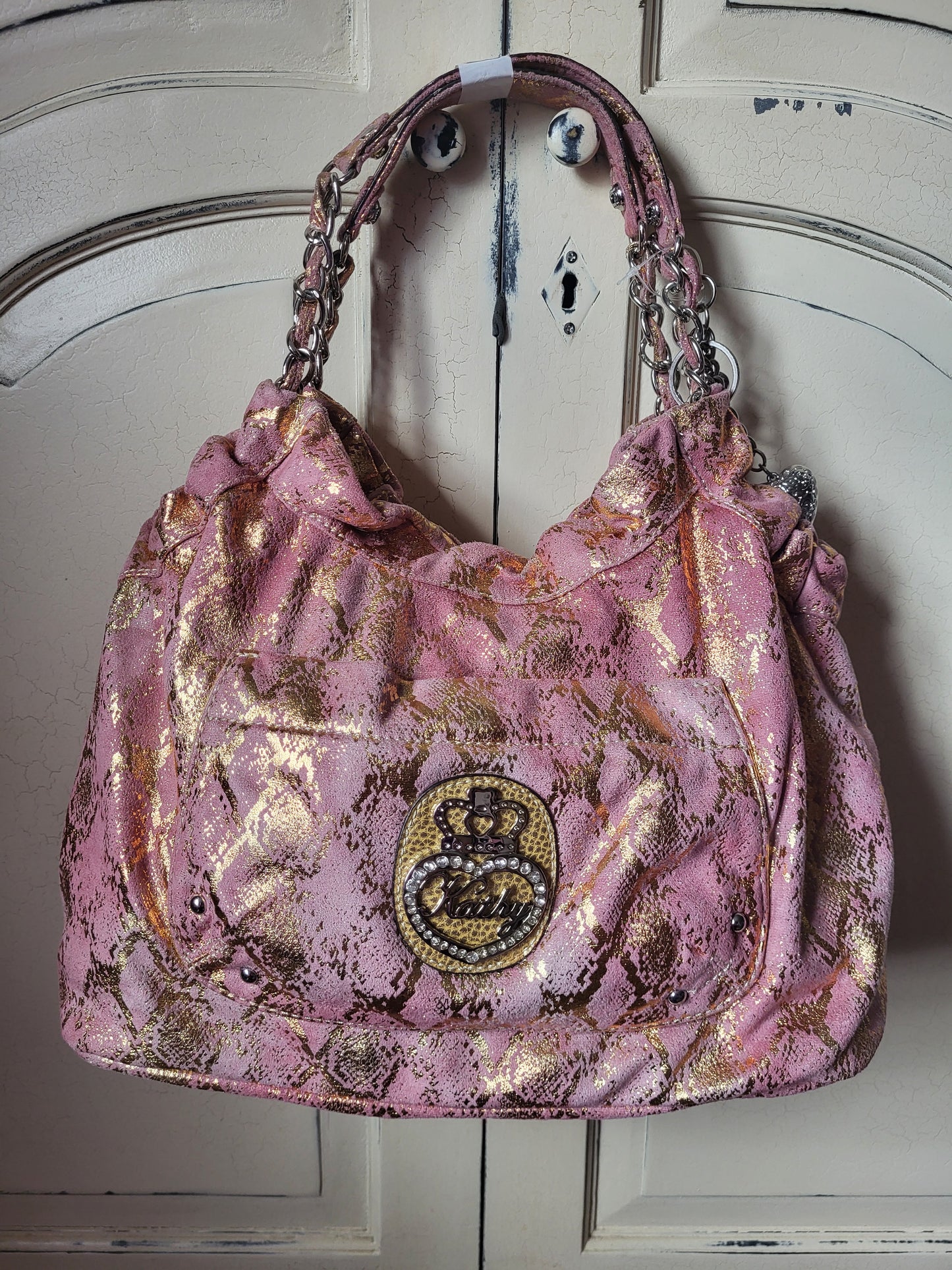 Kathy Van Zeeland Pink and Gold Hobo Slouch Bag