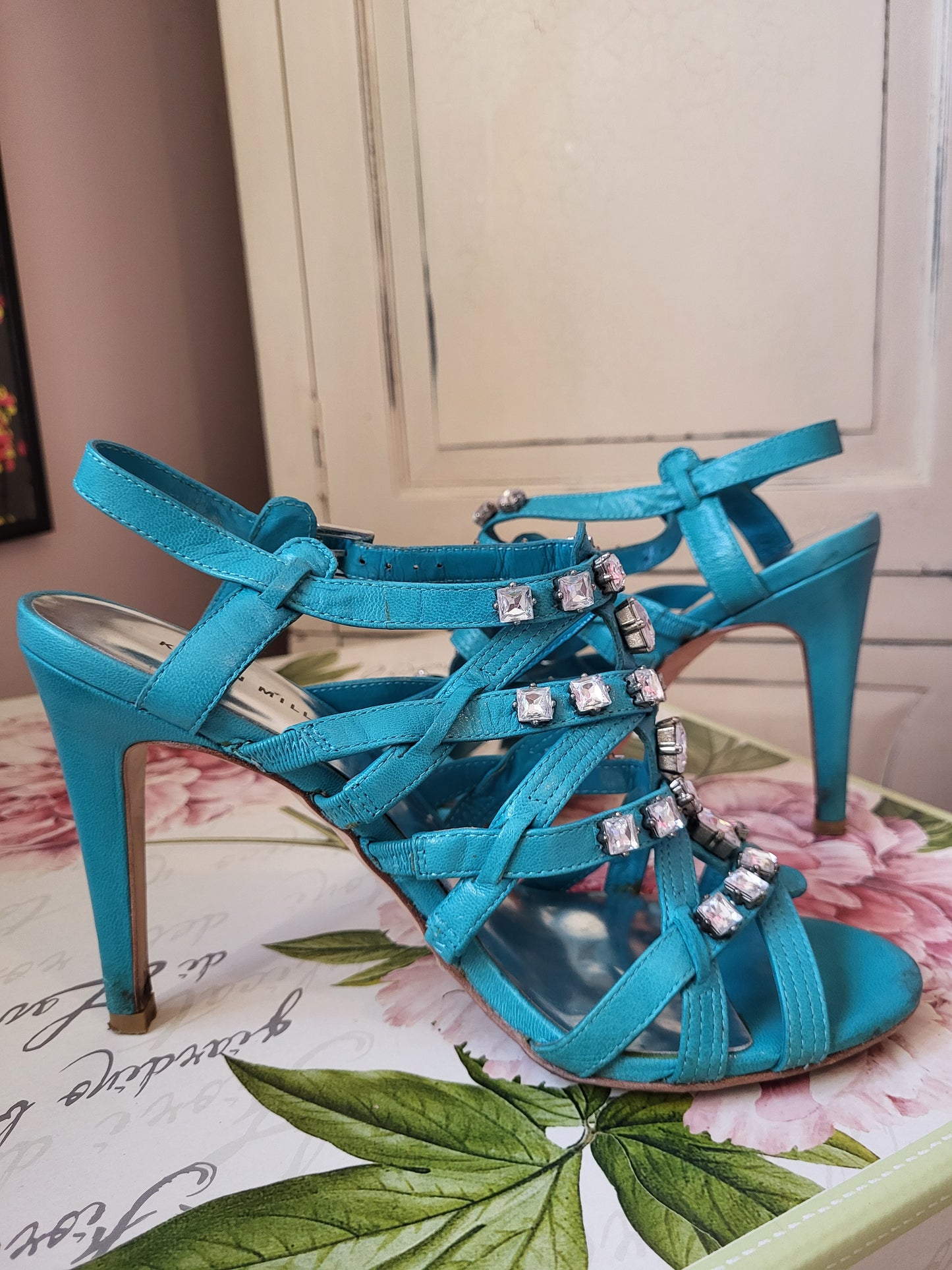Karen Millen Turquoise Diamante Studded Heeled Sandals