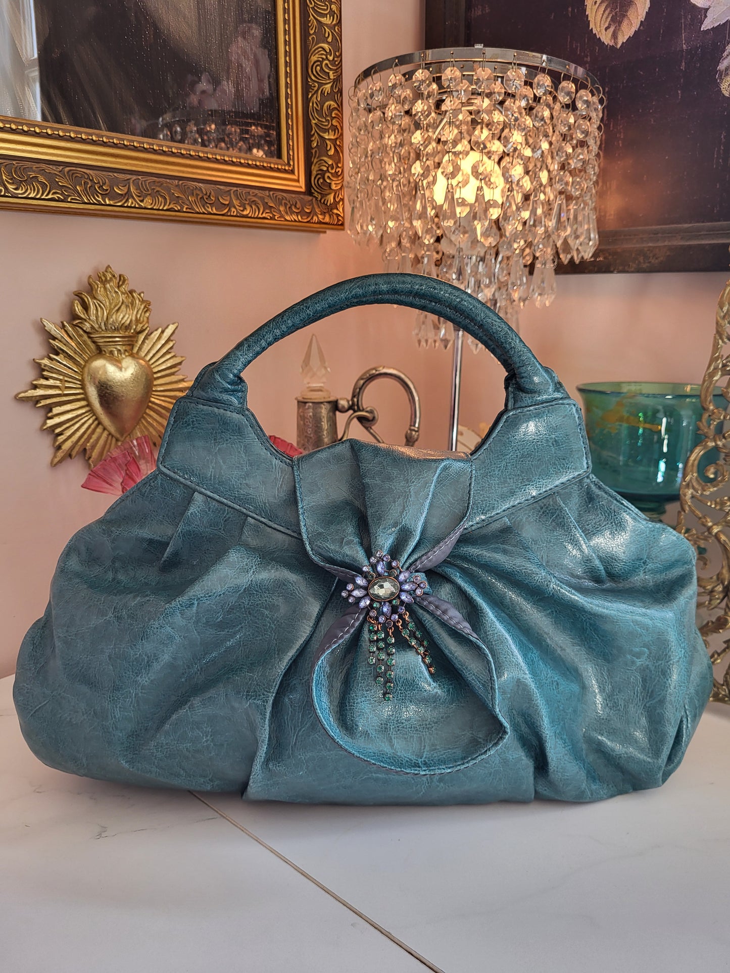 Teal Jeweled Bow Handbag