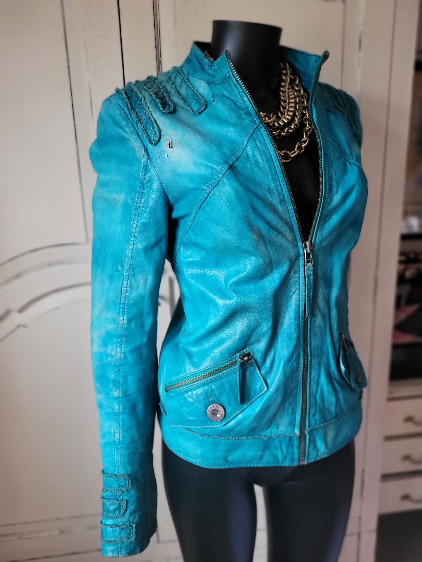 Vintage Maje Turquoise Distressed Leather Jacket