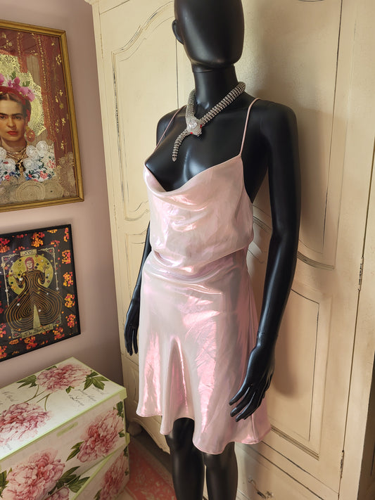 Zara Slinky Cowl Neck Irrediscent Pink Mini Dress