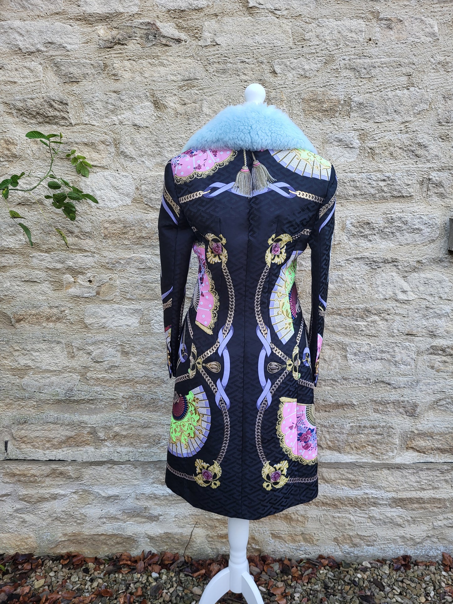 Versace Blue Faux Fur Collar Brocade Coat