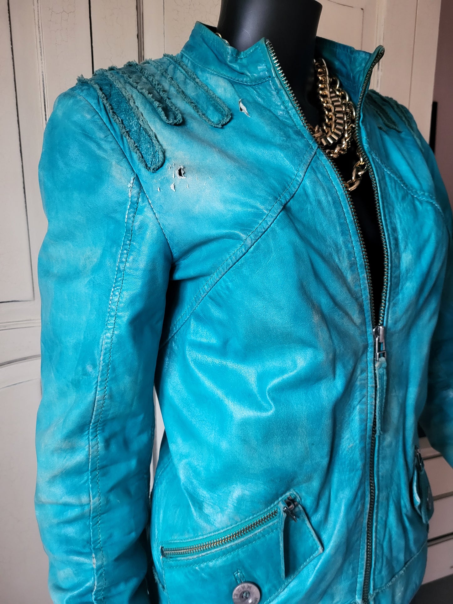 Vintage Maje Turquoise Distressed Leather Jacket