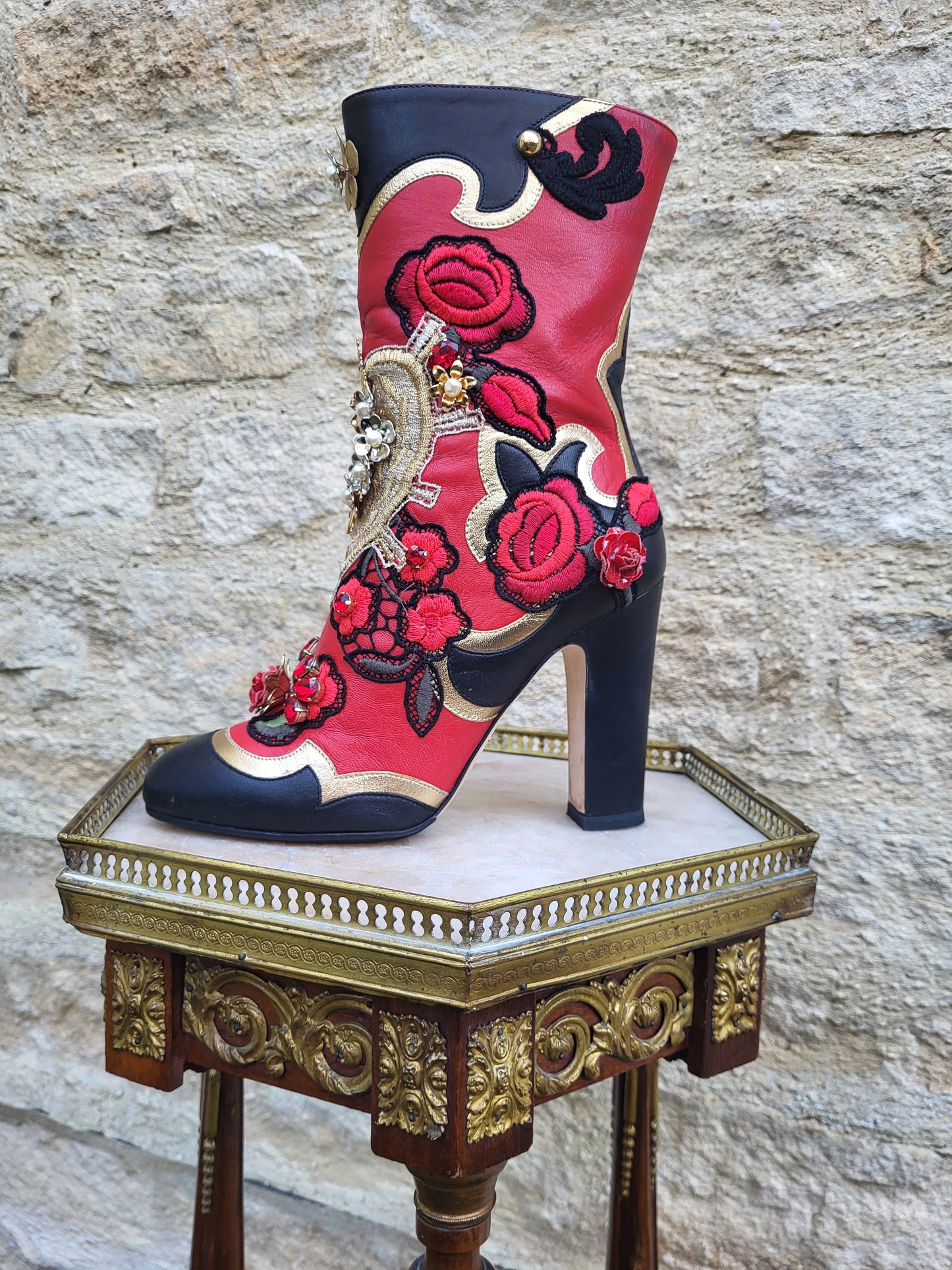 Dolce & Gabbana Baroque Embellished Red Leather Boots