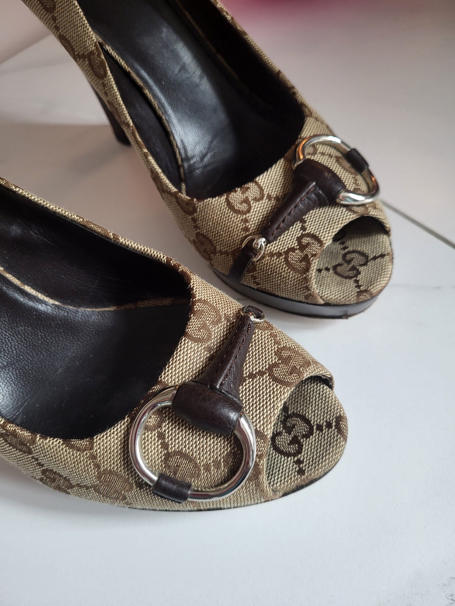 Gucci Platform Peep Toe Canvas Heels