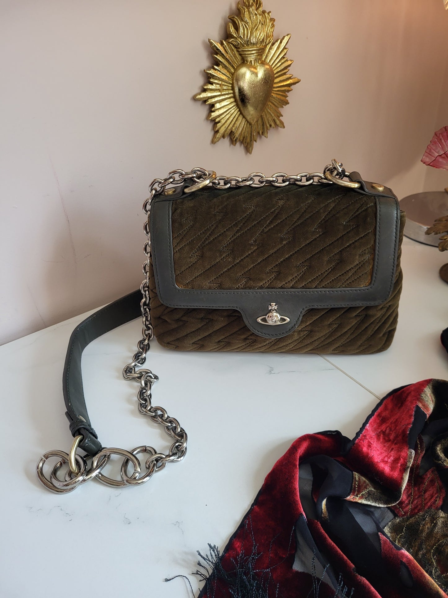 Vintage Vivienne Westwood Olive Velvet Shoulder Bag