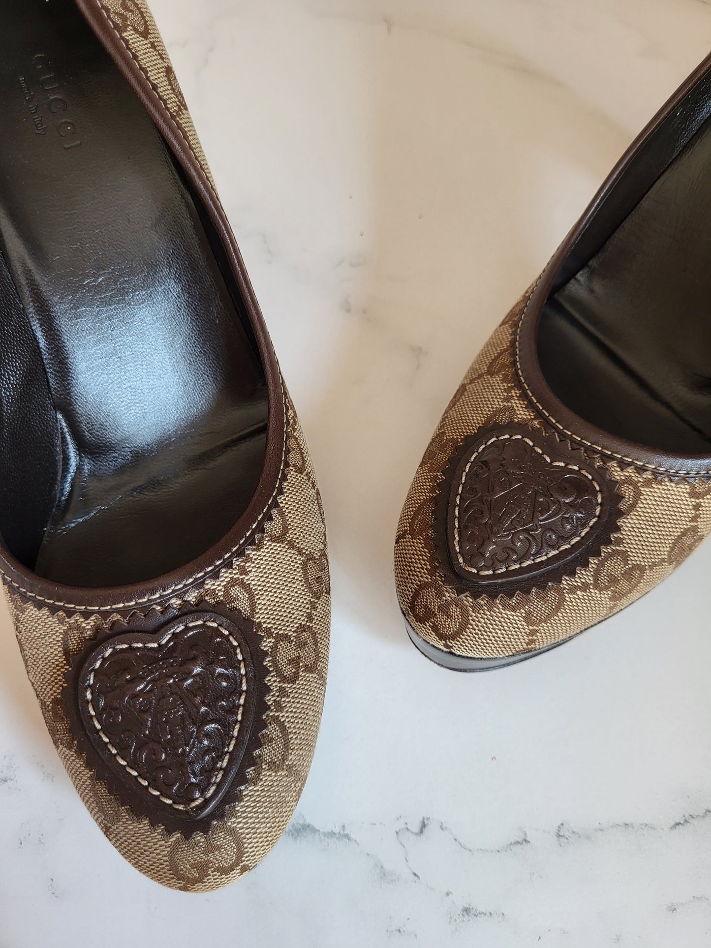 Gucci Leather Lined Classic Print Platform Heels