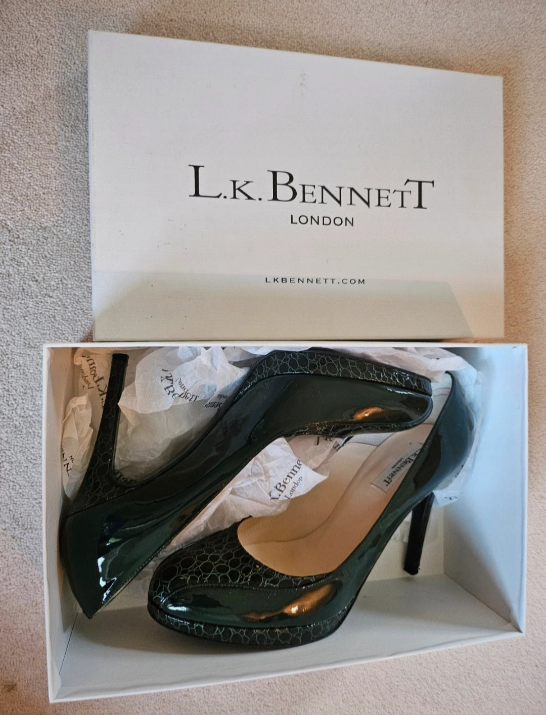 L.K Bennett Patent Olive Croc Stiletto Heels