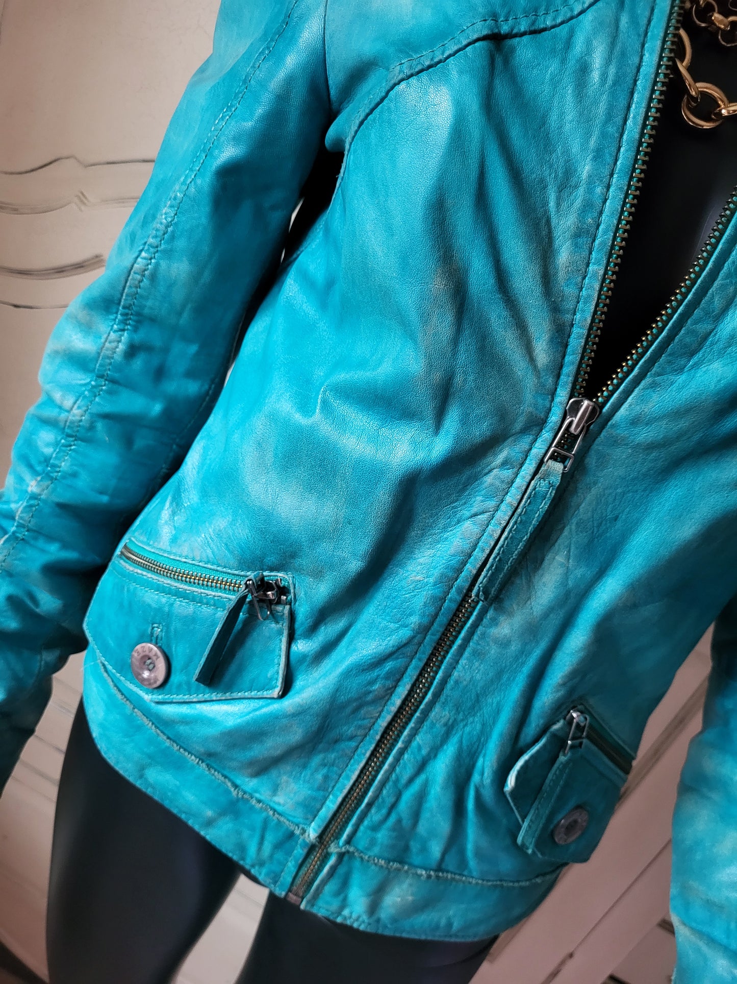 Vintage Maje Turquoise Distressed Leather Jacket