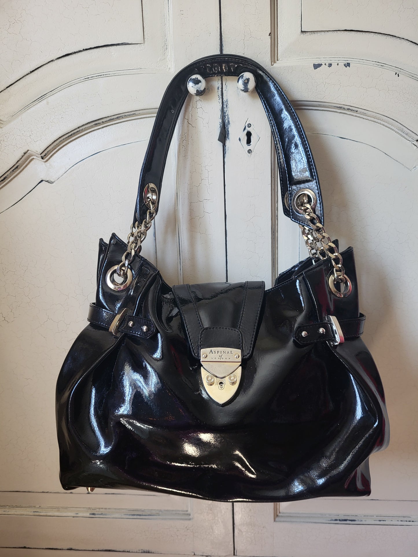 Aspinal of London Patent Black Slouch Hobo Bag