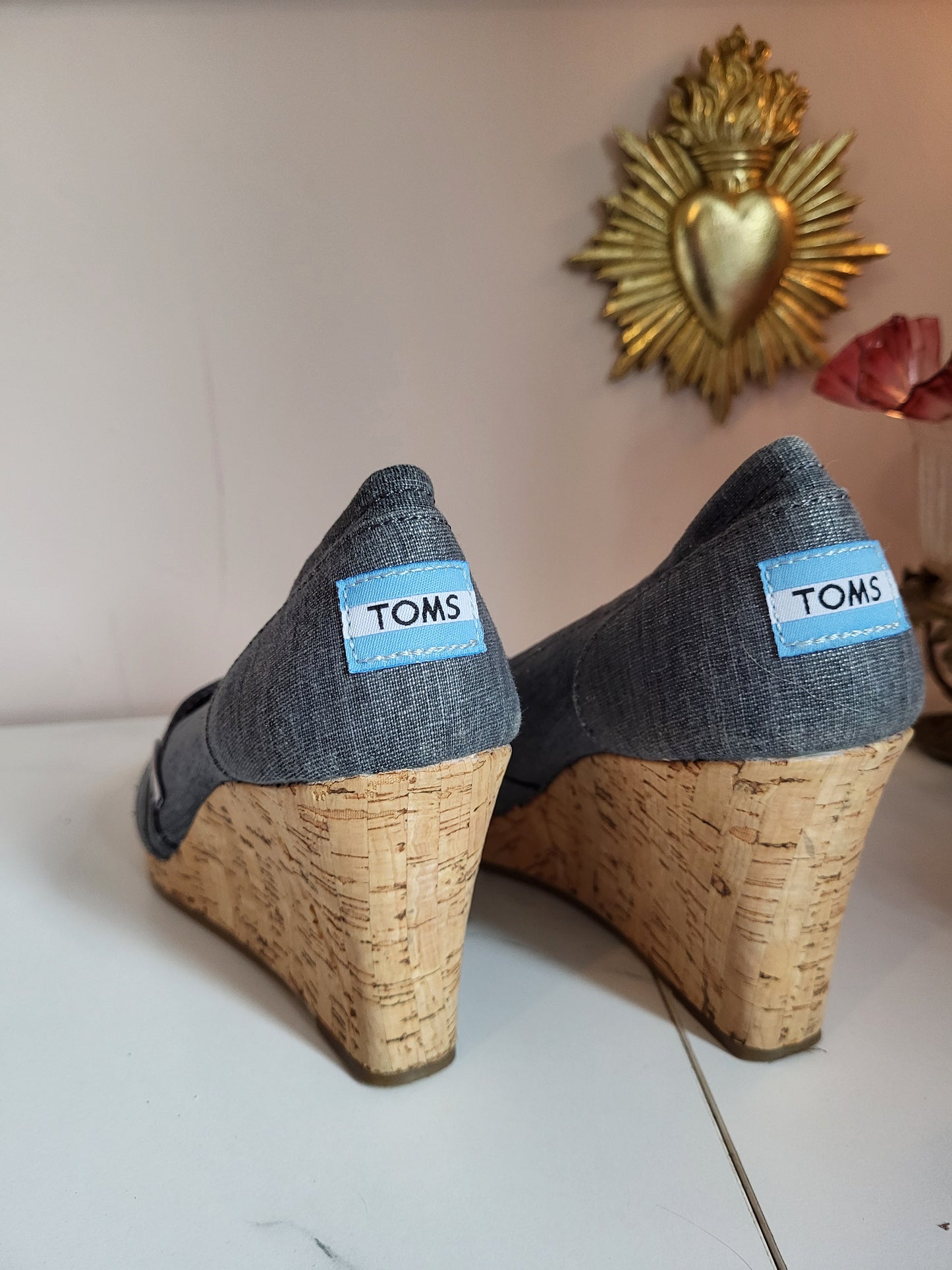 TOMS Grey Canvas Peep Toe Wedges