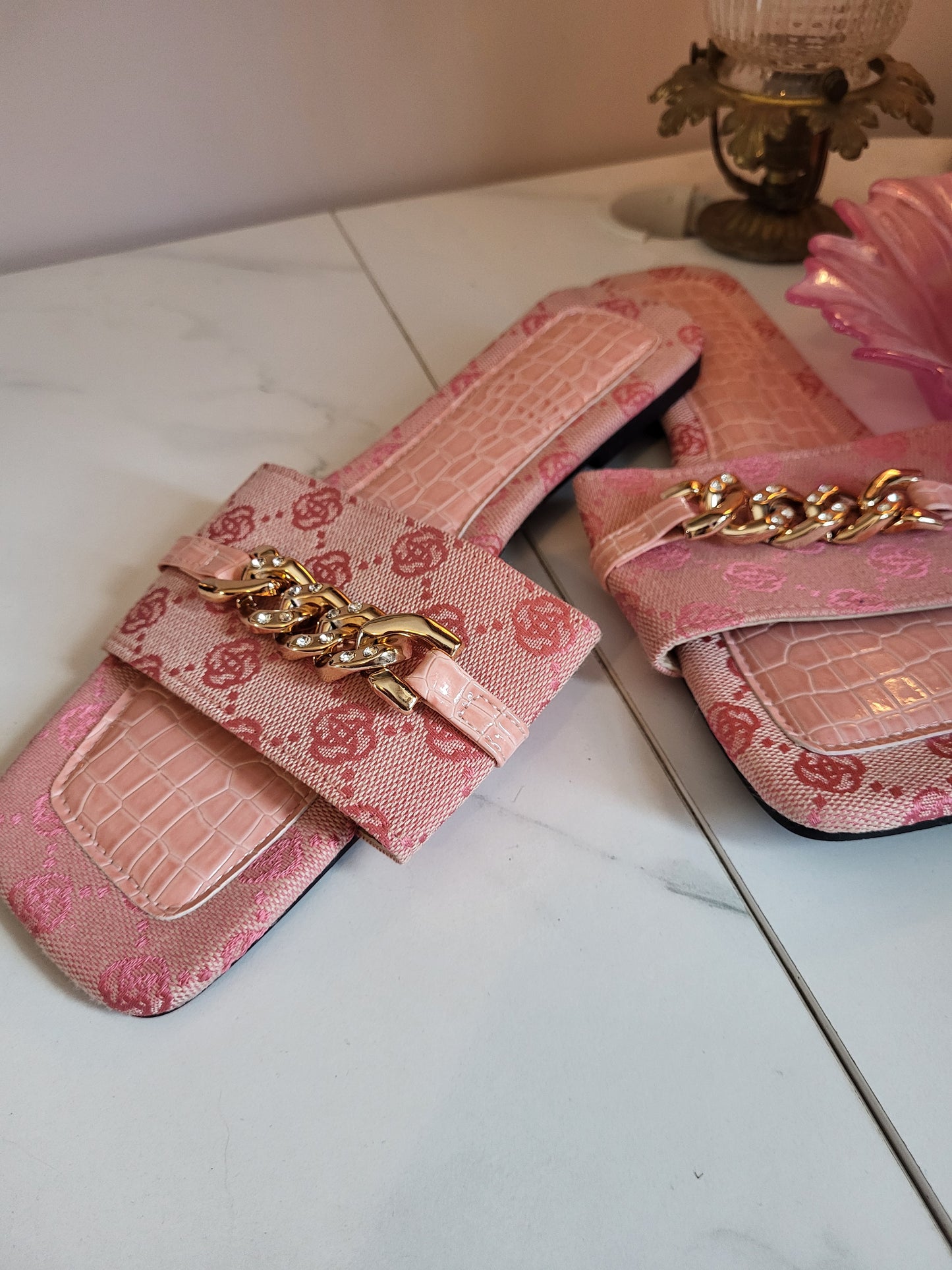 Pink Slip on Mules with Diamante Gold Chain detail