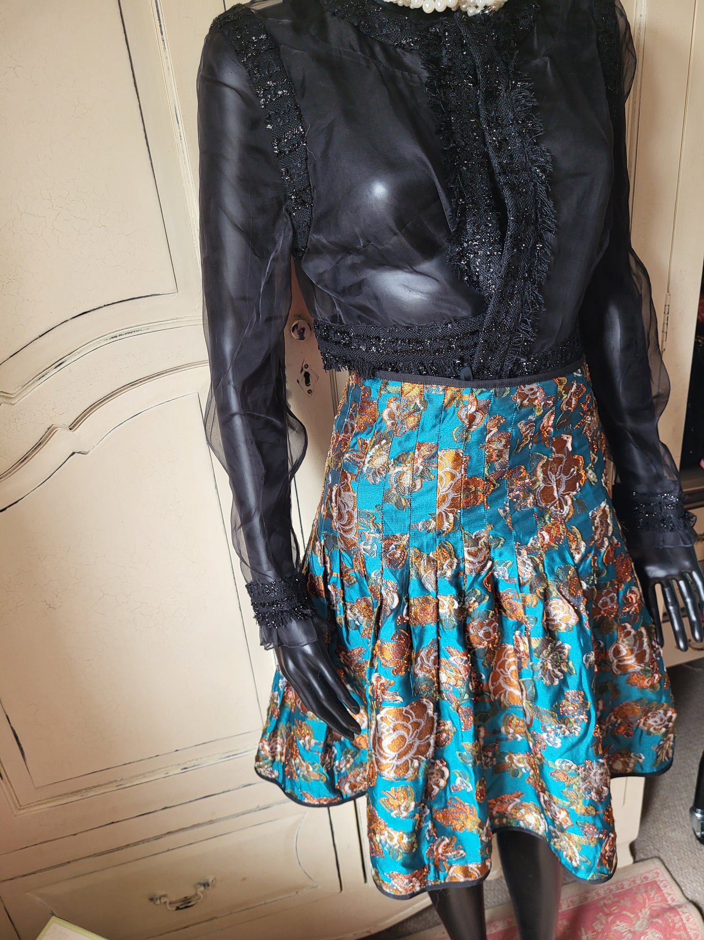Vintage Silk Teal and Gold Brocade Skirt