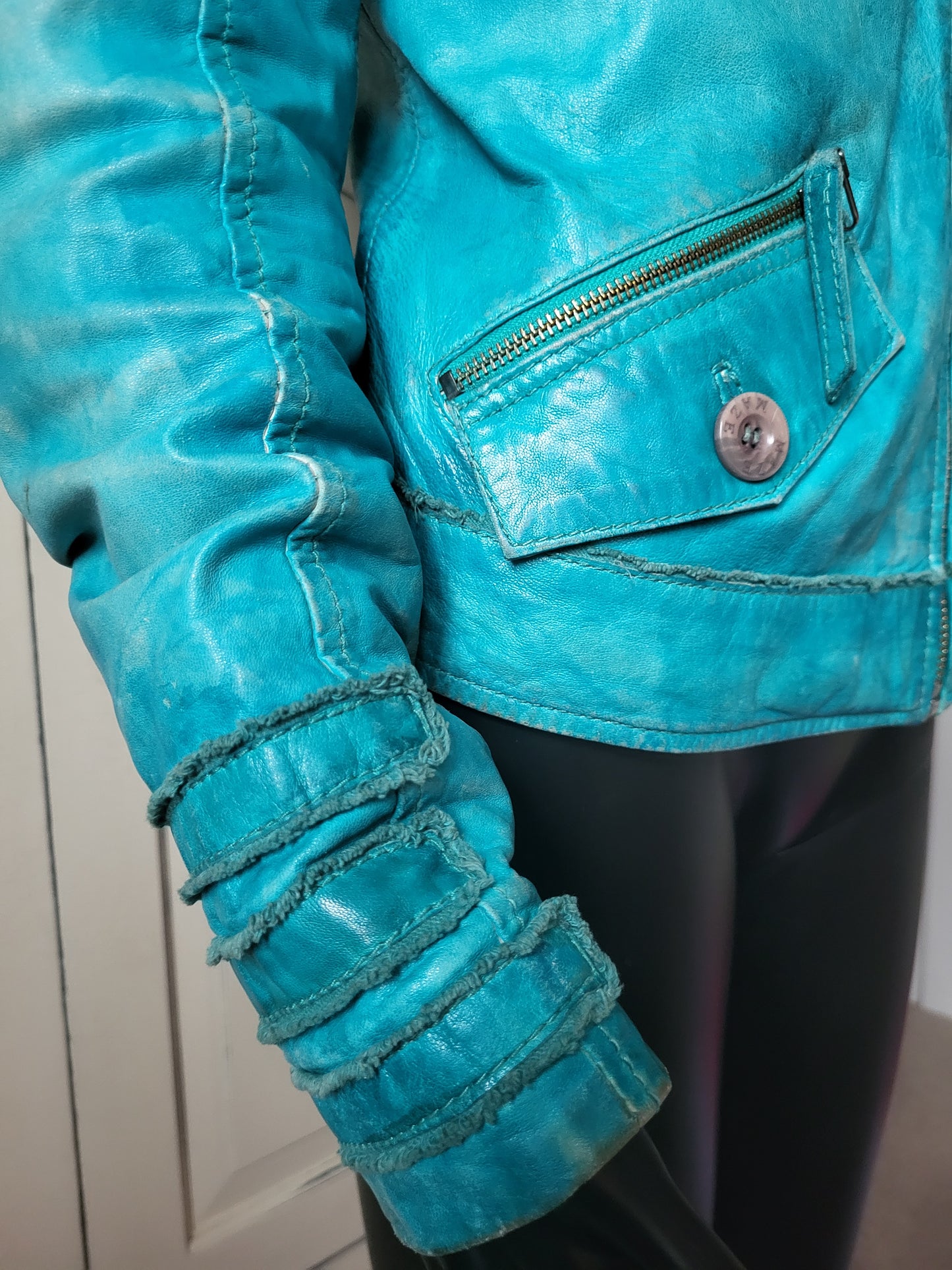 Vintage Maje Turquoise Distressed Leather Jacket