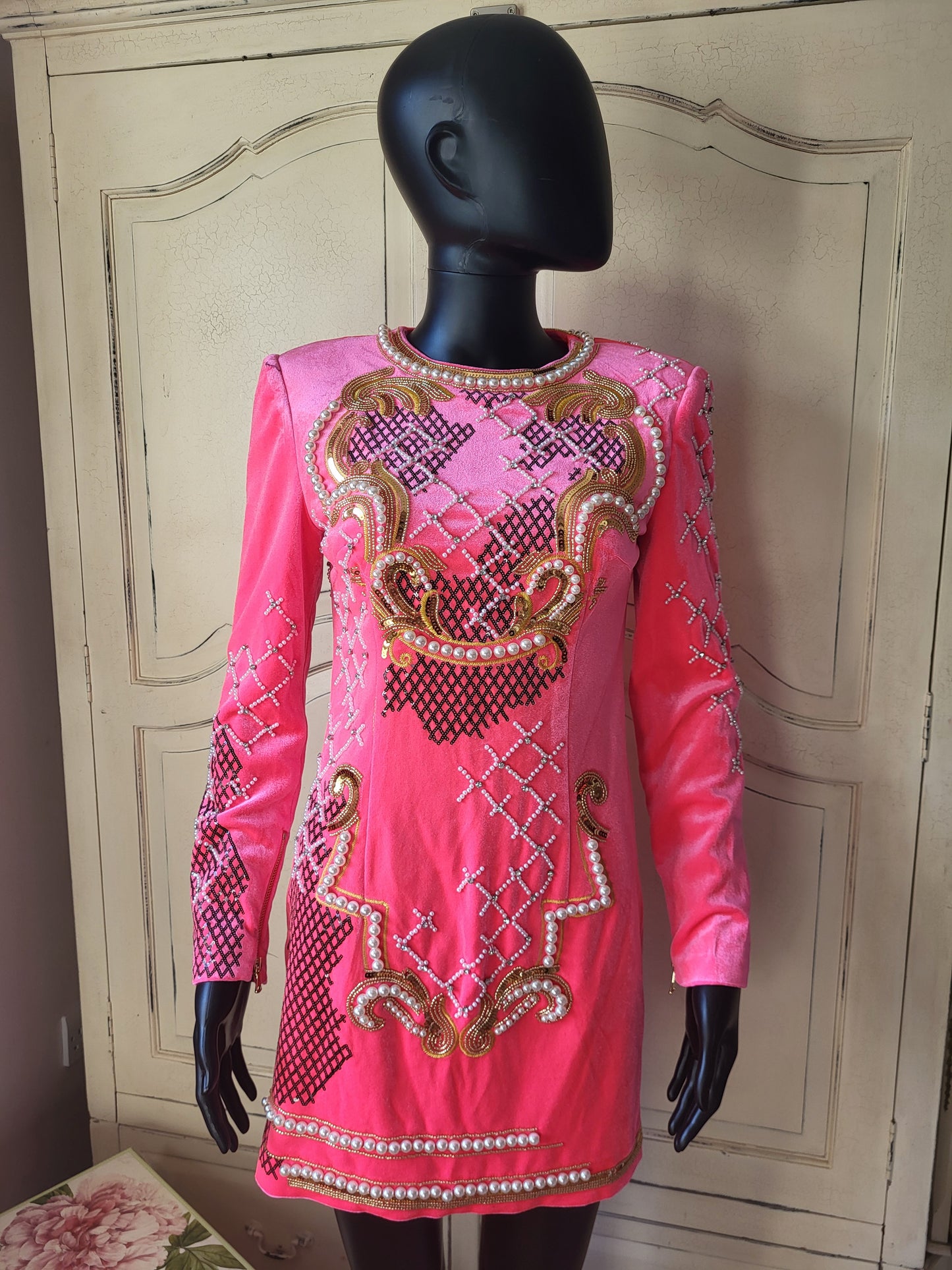 Velour Neon Pink Embellished Shift Dress