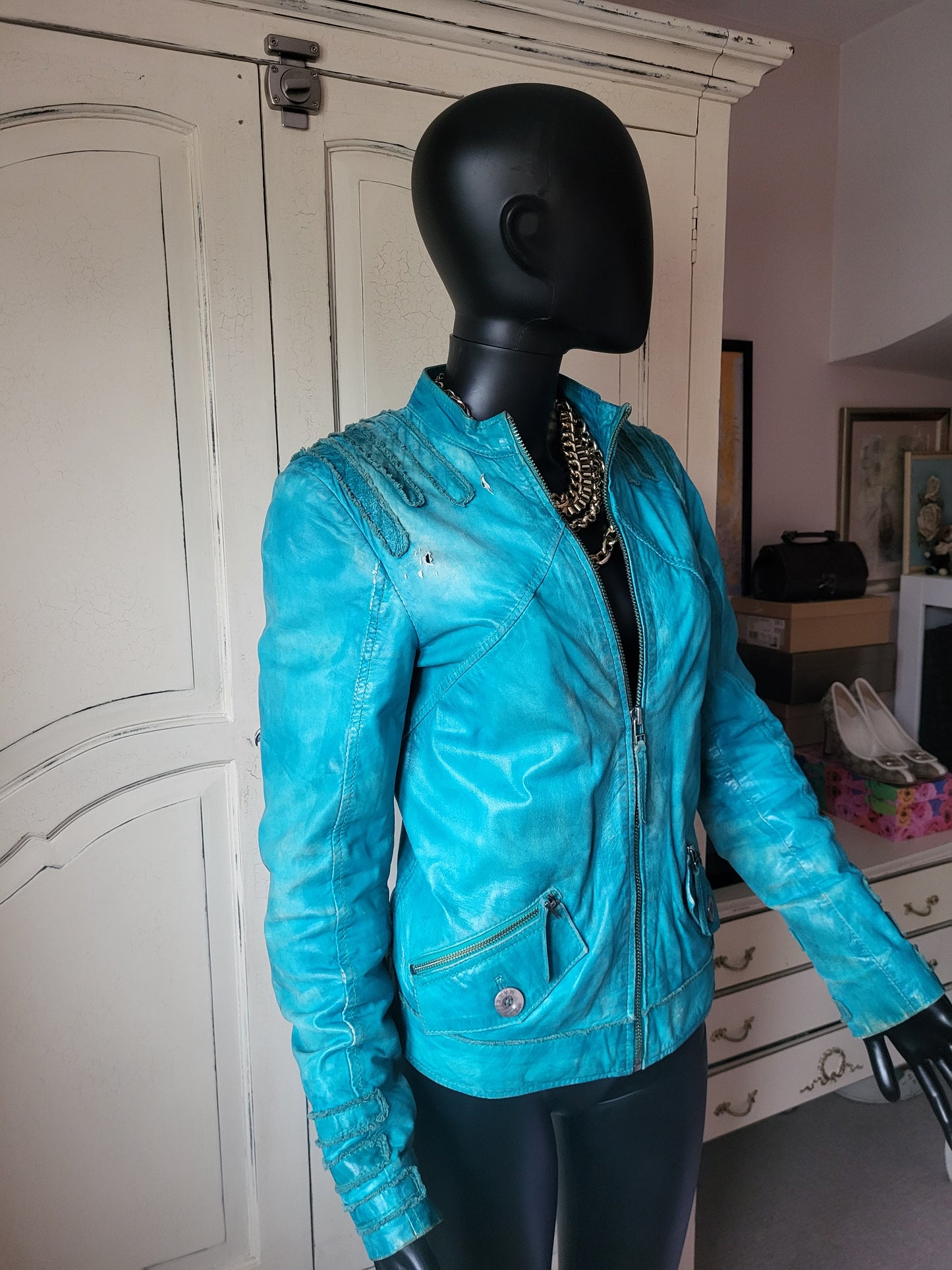 Vintage Maje Turquoise Distressed Leather Jacket