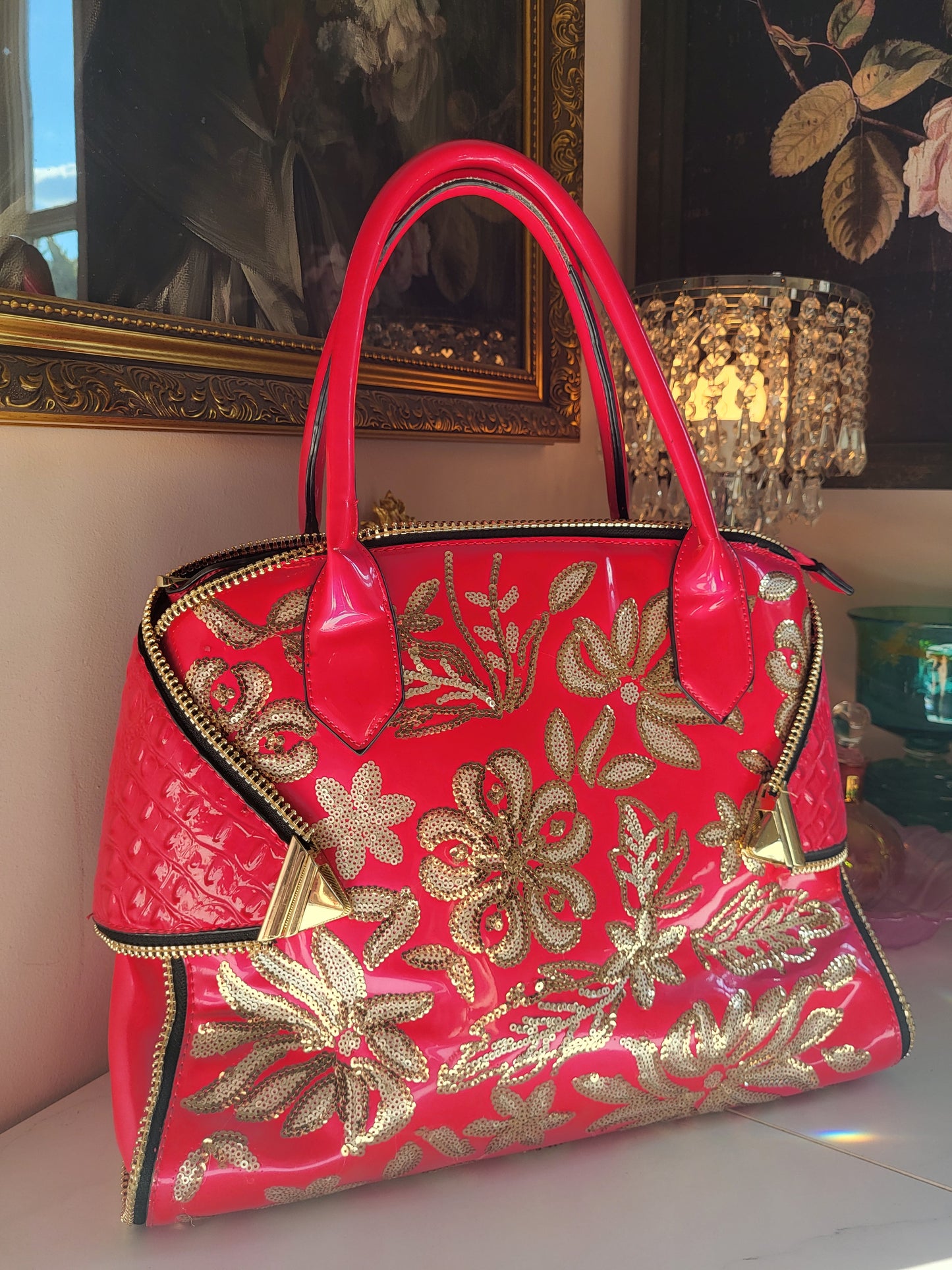 Giant Patent Pink Fuchsia Bag with Sequins