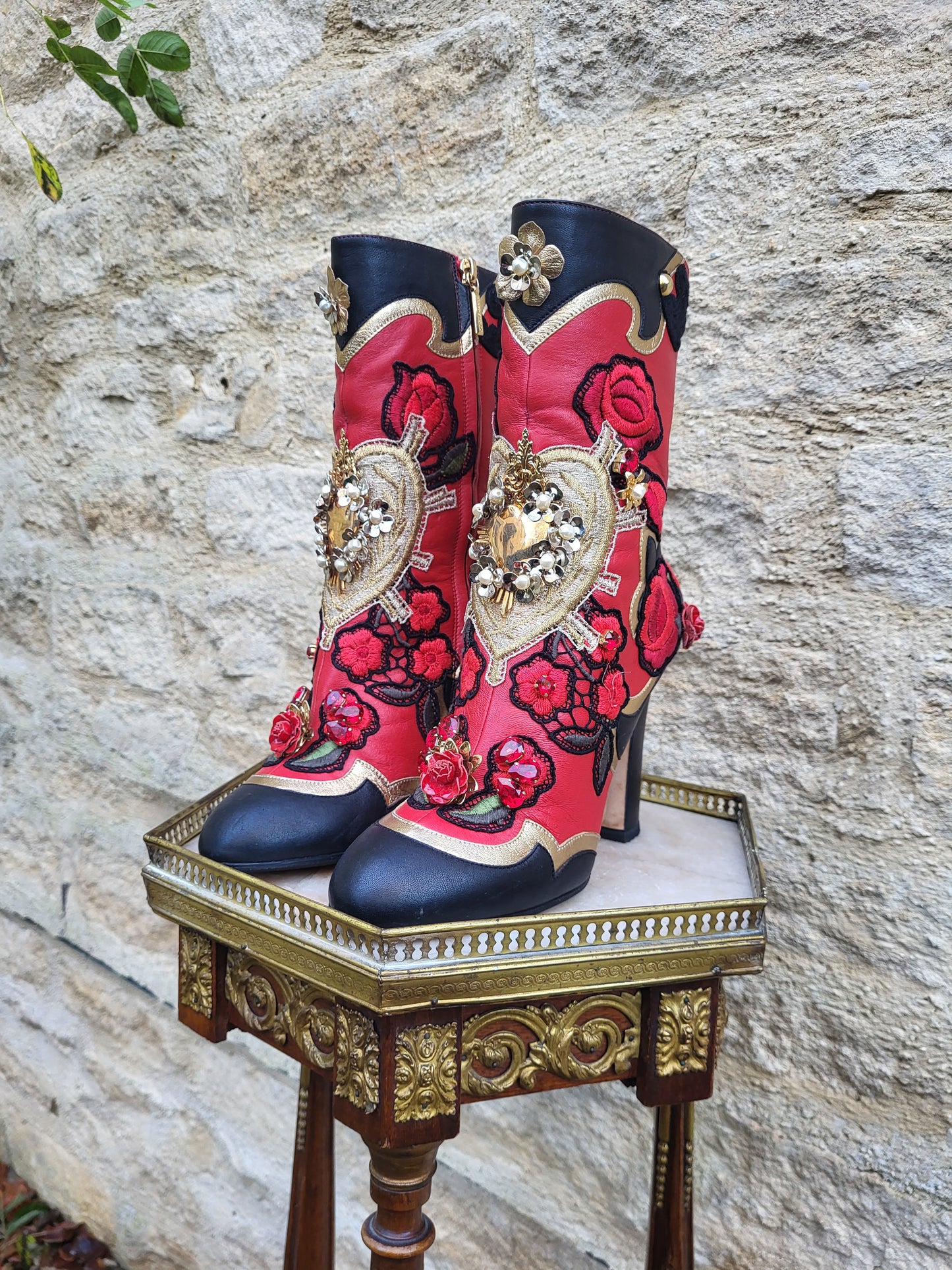 Dolce & Gabbana Baroque Embellished Red Leather Boots