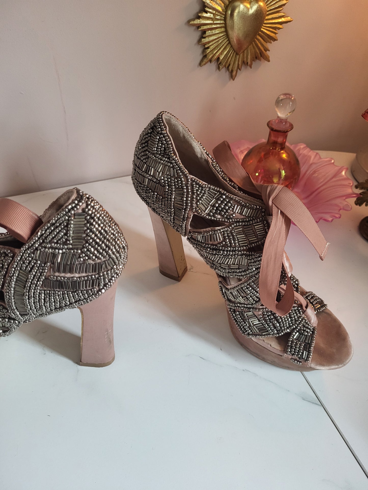 Vintage Fully Leather Lined Satin and Beaded Shoes