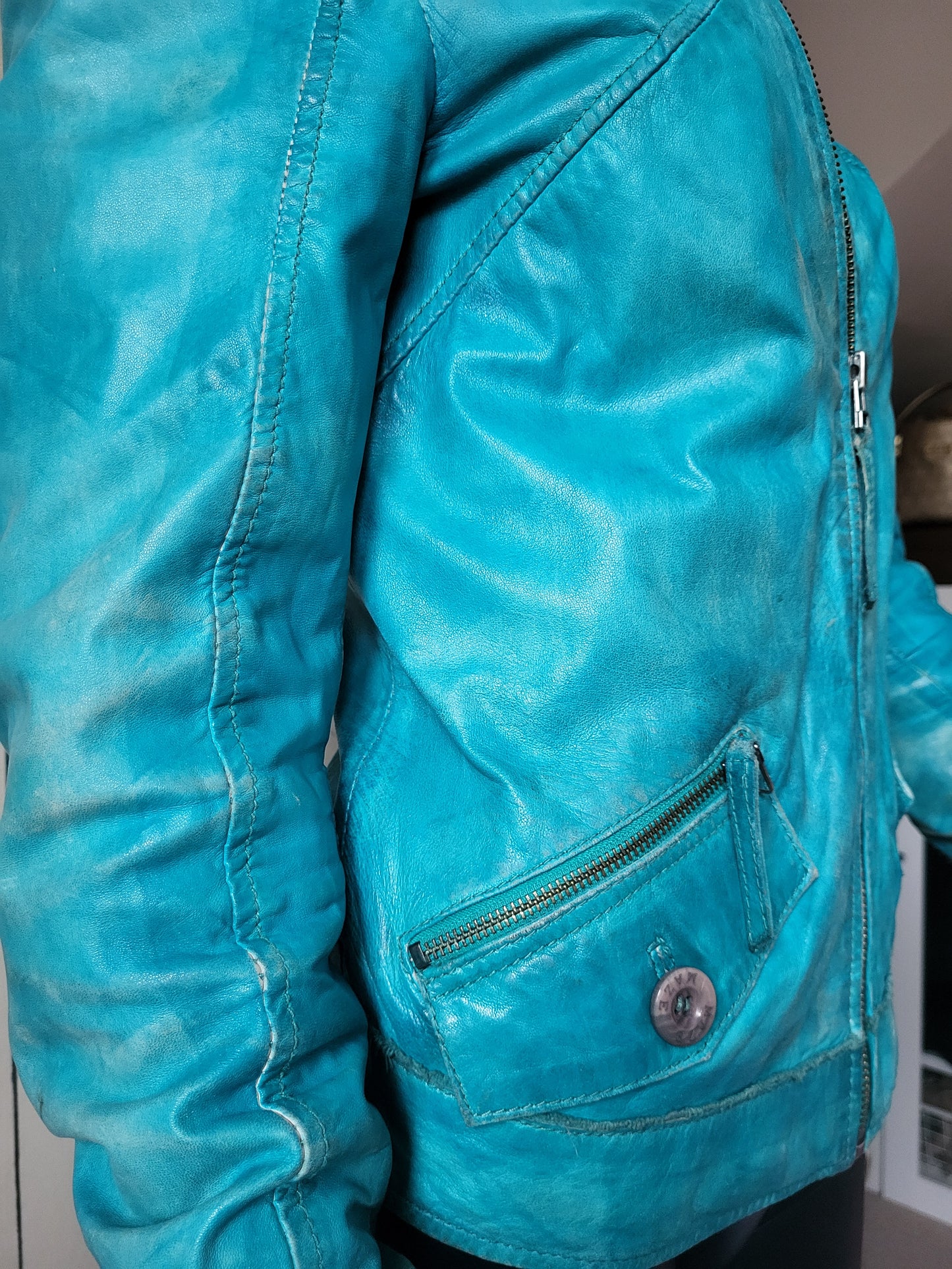 Vintage Maje Turquoise Distressed Leather Jacket