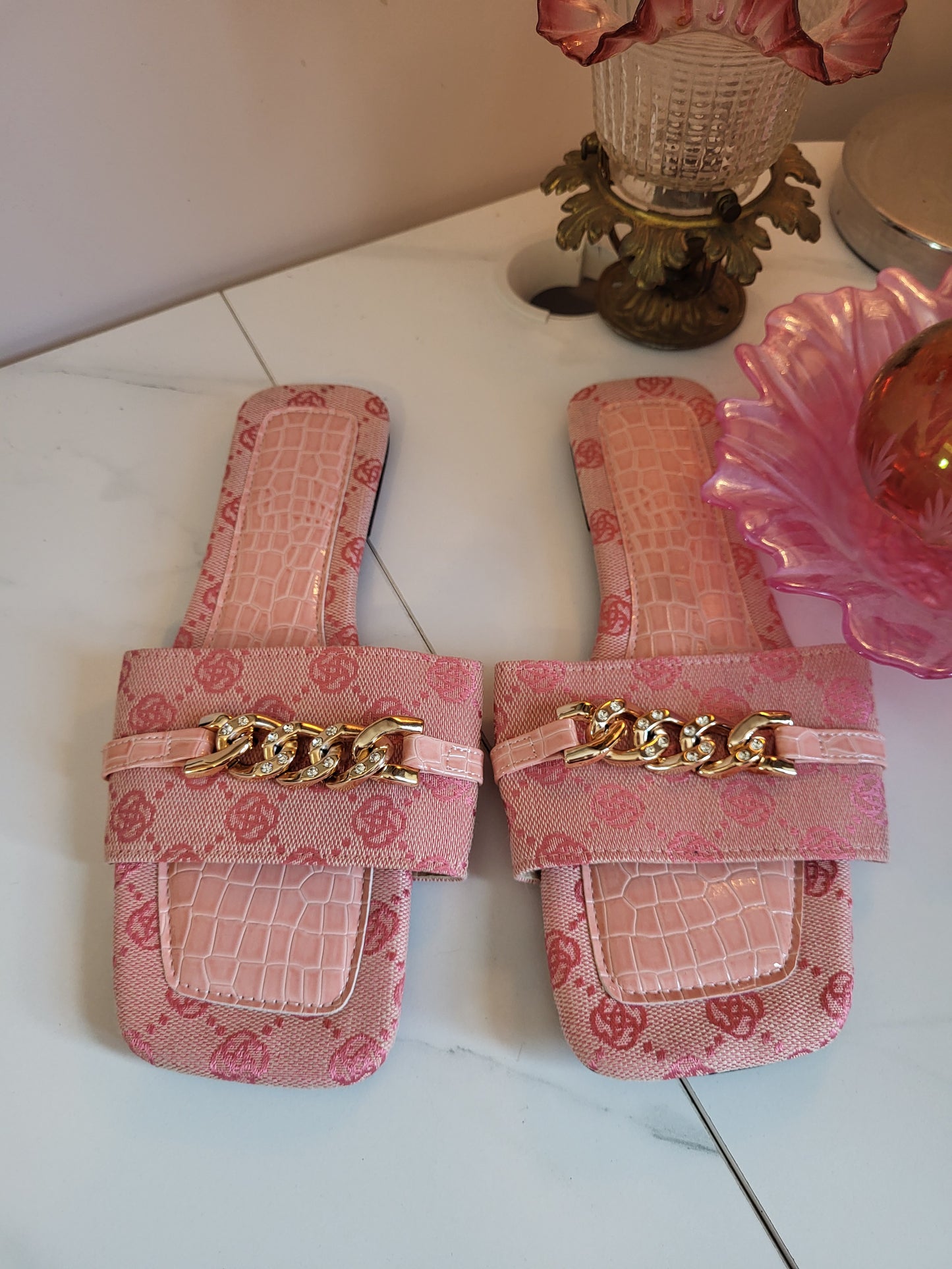 Pink Slip on Mules with Diamante Gold Chain detail