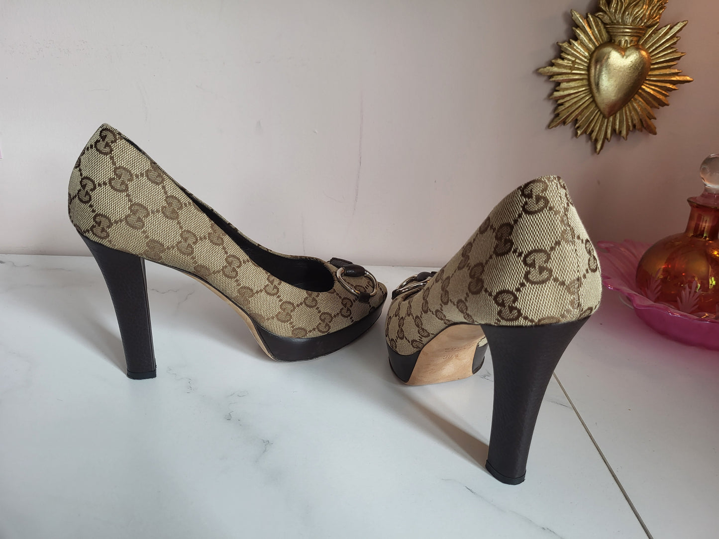 Gucci Platform Peep Toe Canvas Heels