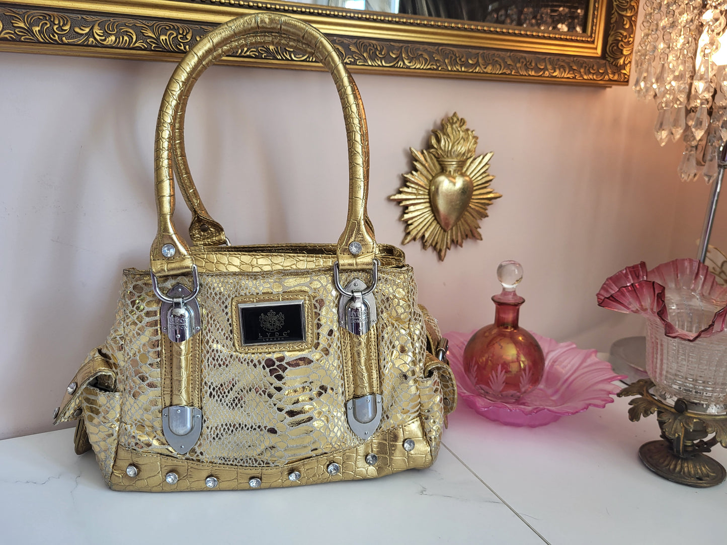 LYDC London Gold Snakeskin Mini Tote Bag