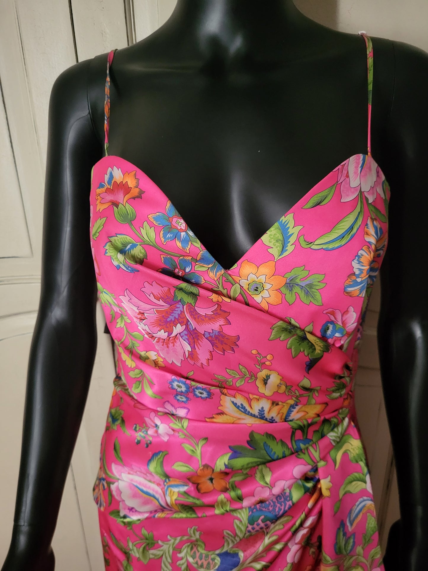 Vintage Satin Fuchsia Floral Print Frank Usher Dress