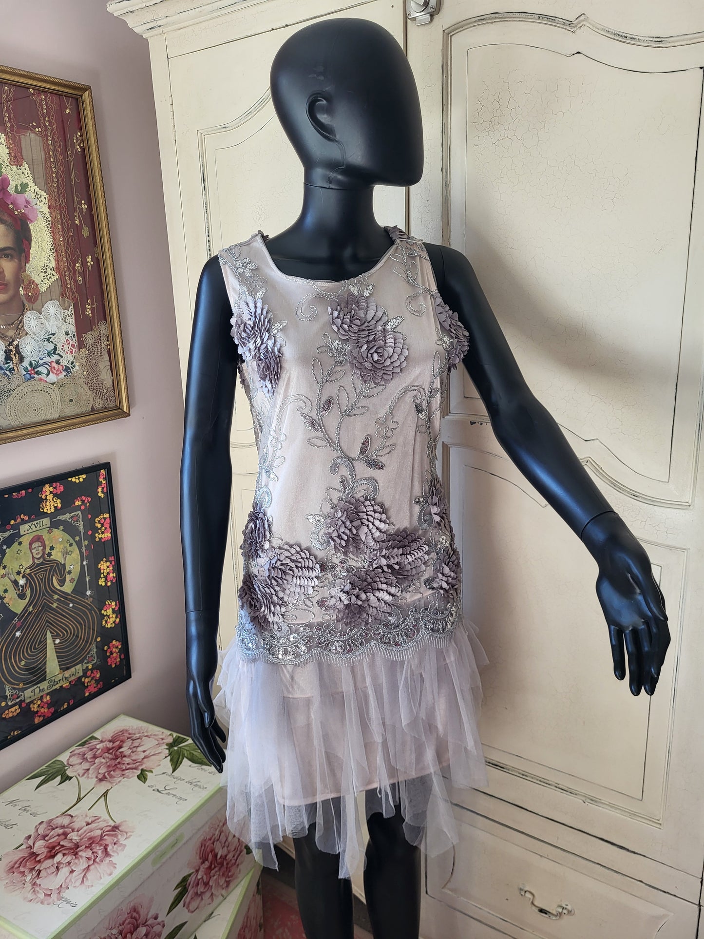 Vintage Silver Hand Embroidered Tulle Dress