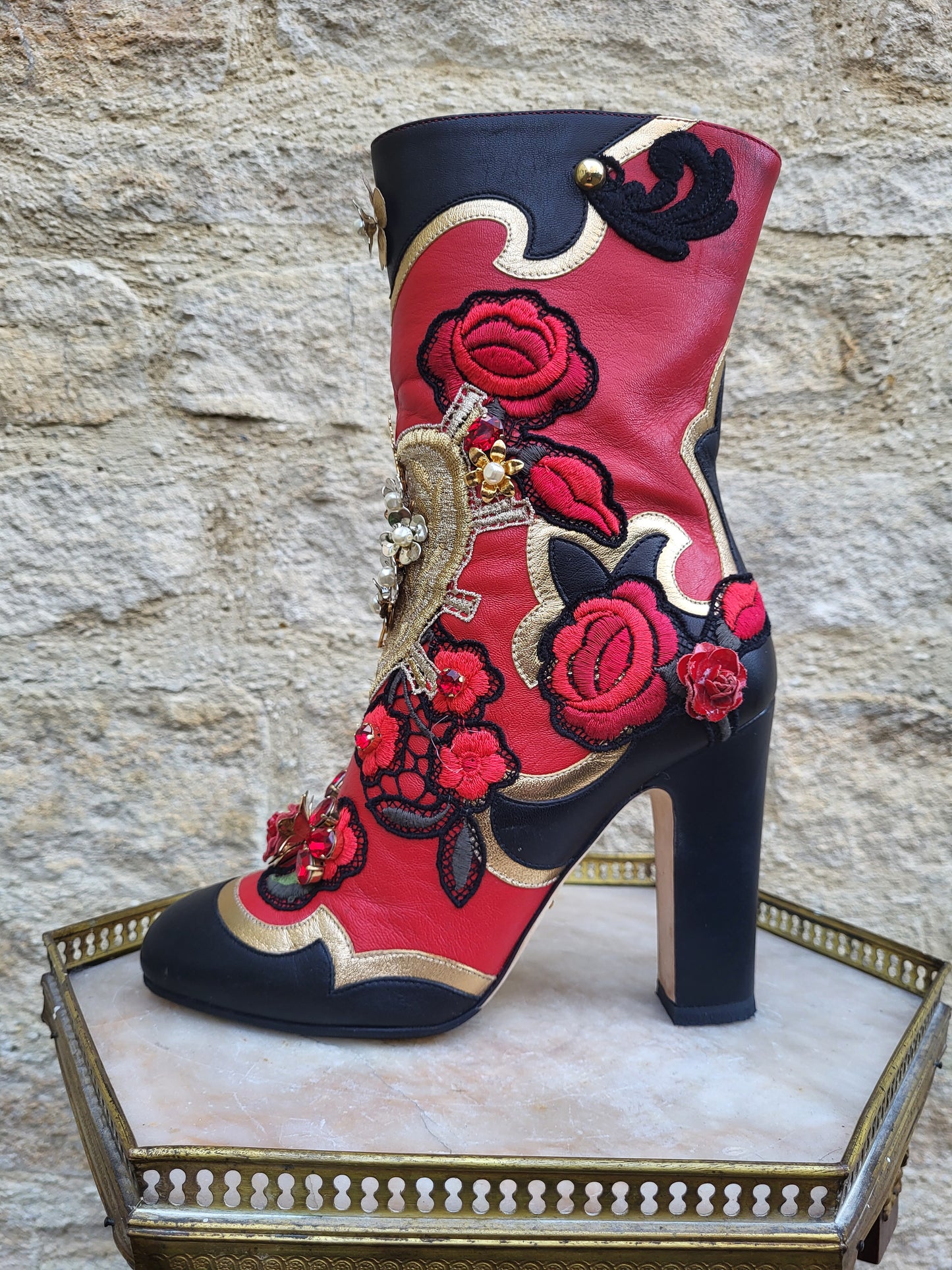 Dolce & Gabbana Baroque Embellished Red Leather Boots