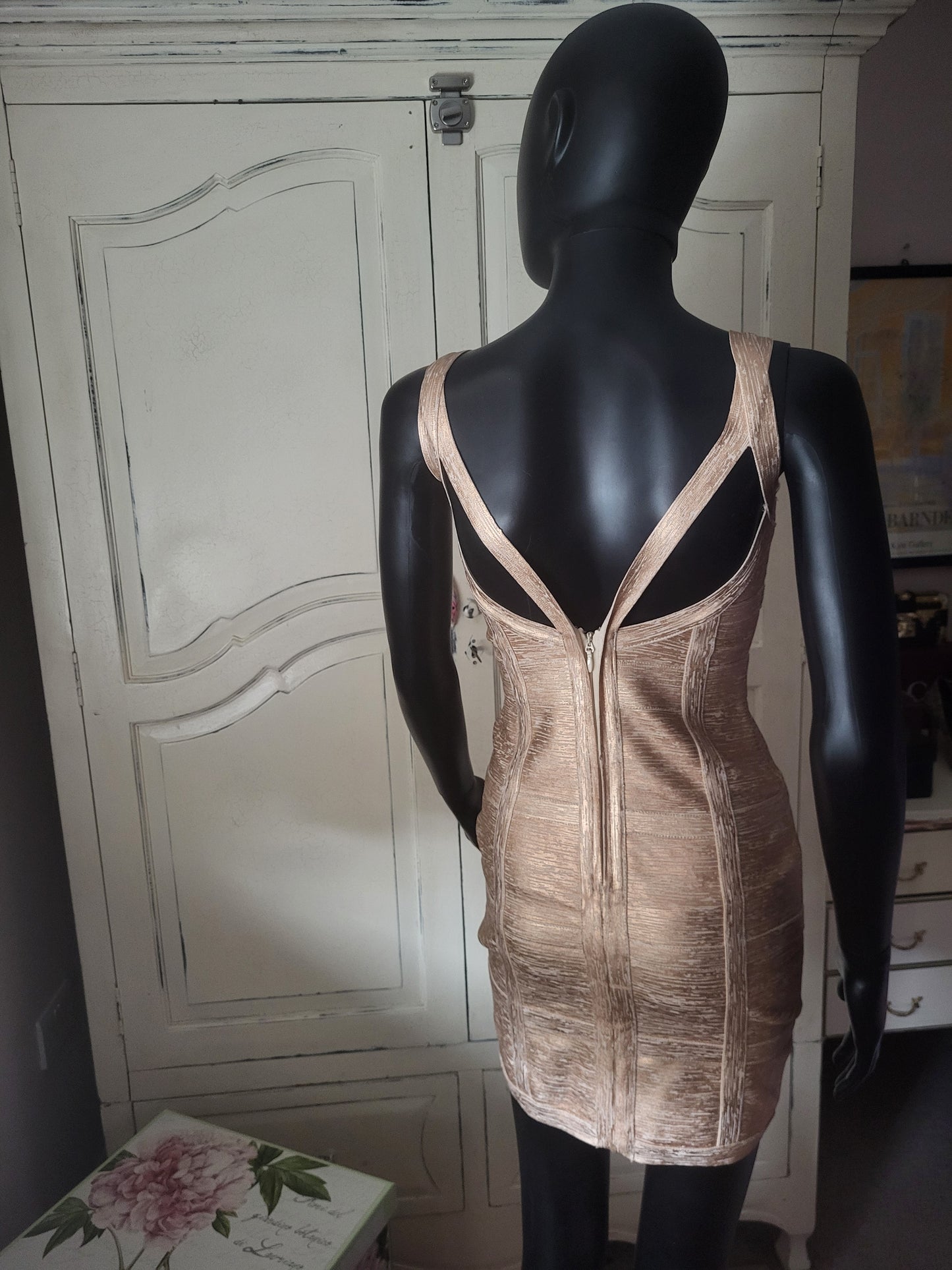 Molten Gold Bodycon Bandage Dress in the style of Hervé Léger