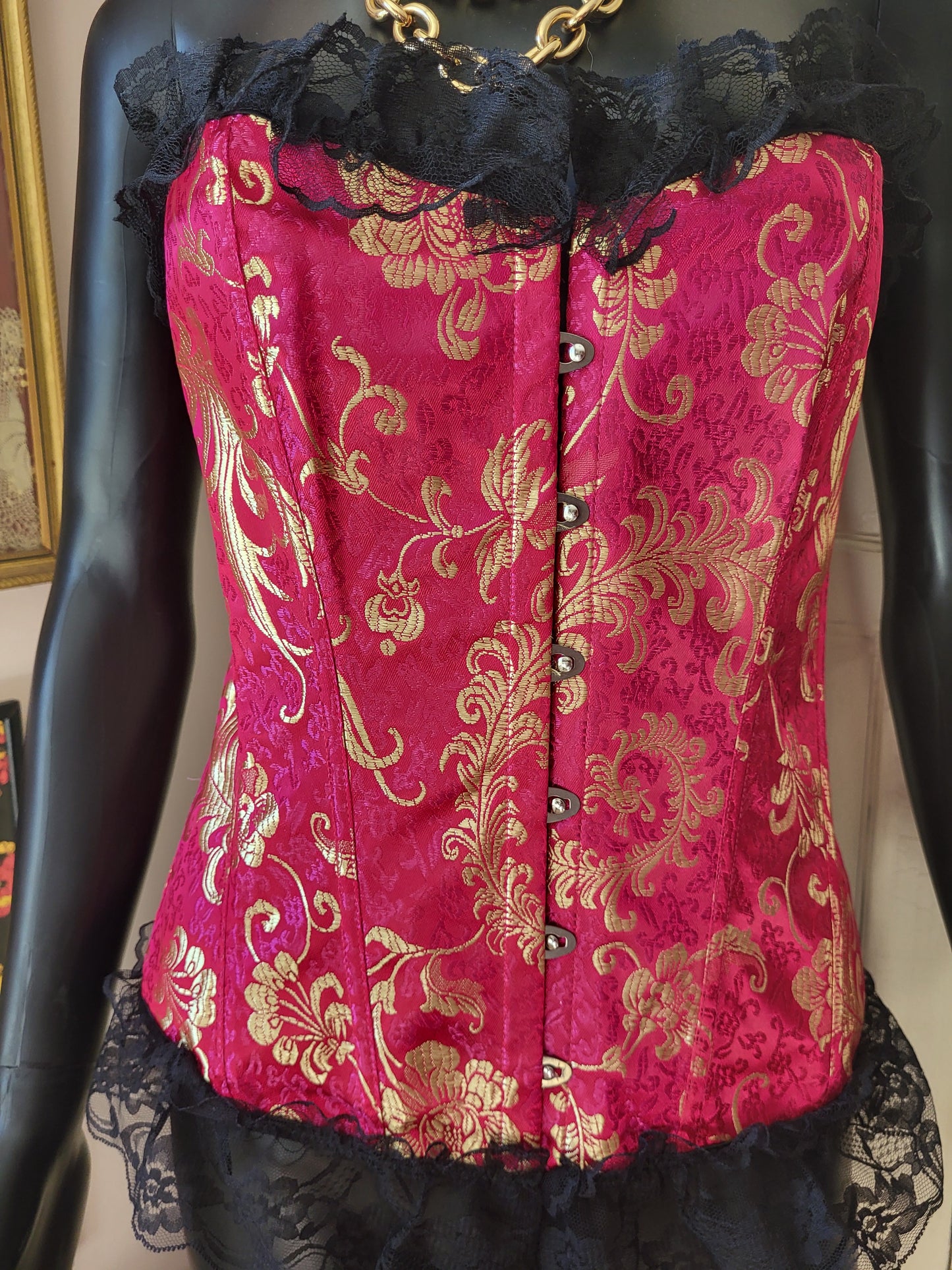Fuchsia and Gold Basque with Black Lace Trim