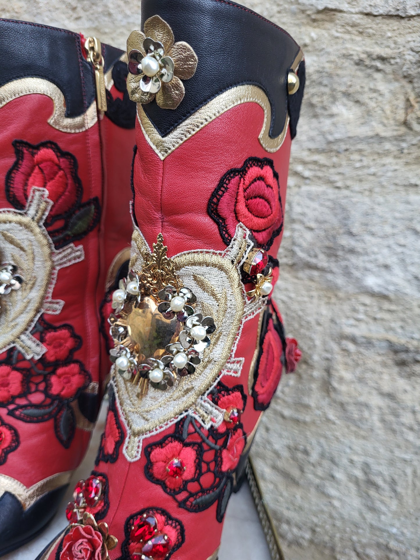 Dolce & Gabbana Baroque Embellished Red Leather Boots