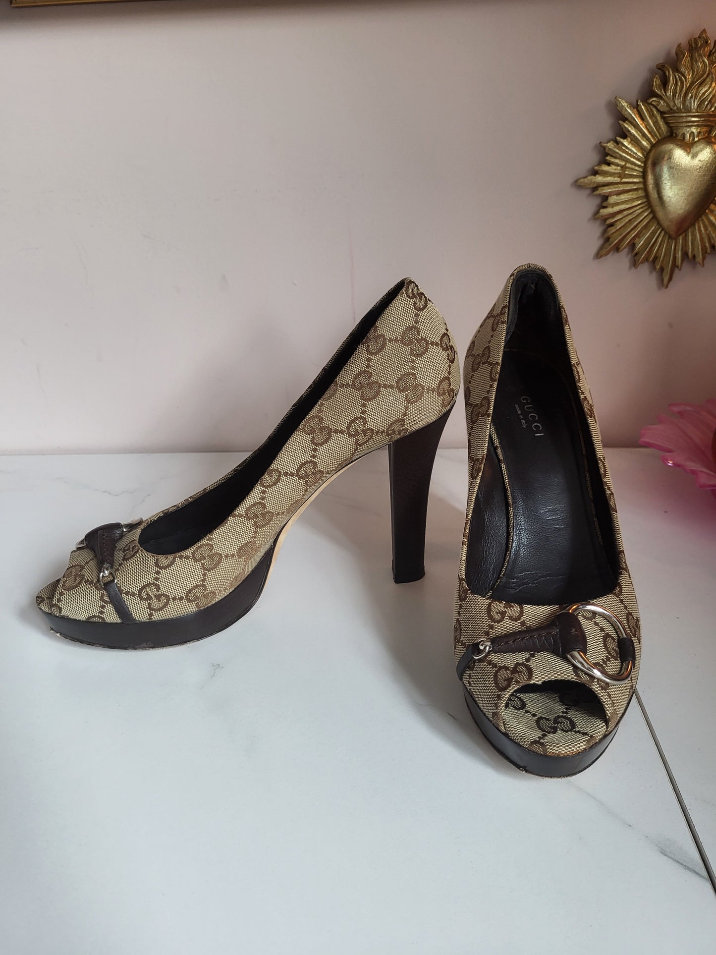 Gucci Platform Peep Toe Canvas Heels