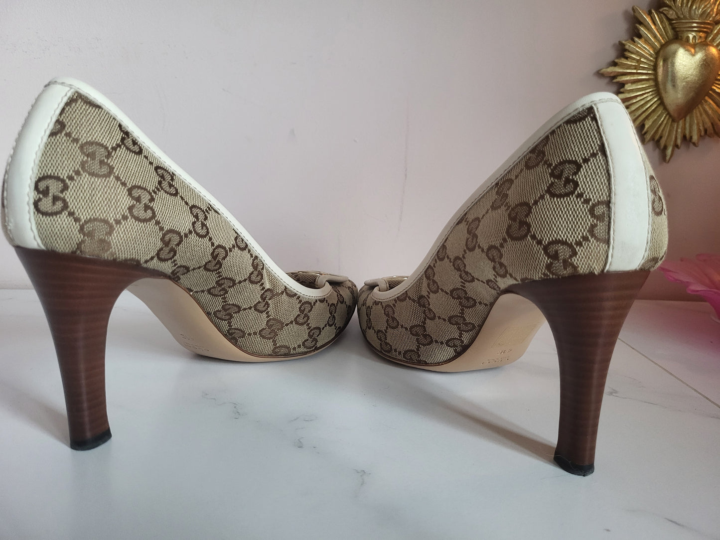 Gucci Classic Print Court Heels with Brass Emblems