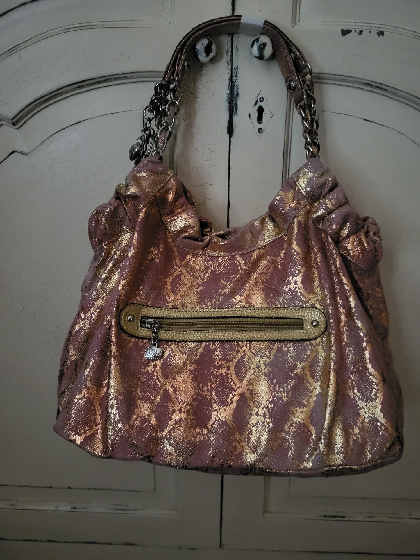 Kathy Van Zeeland Pink and Gold Hobo Slouch Bag