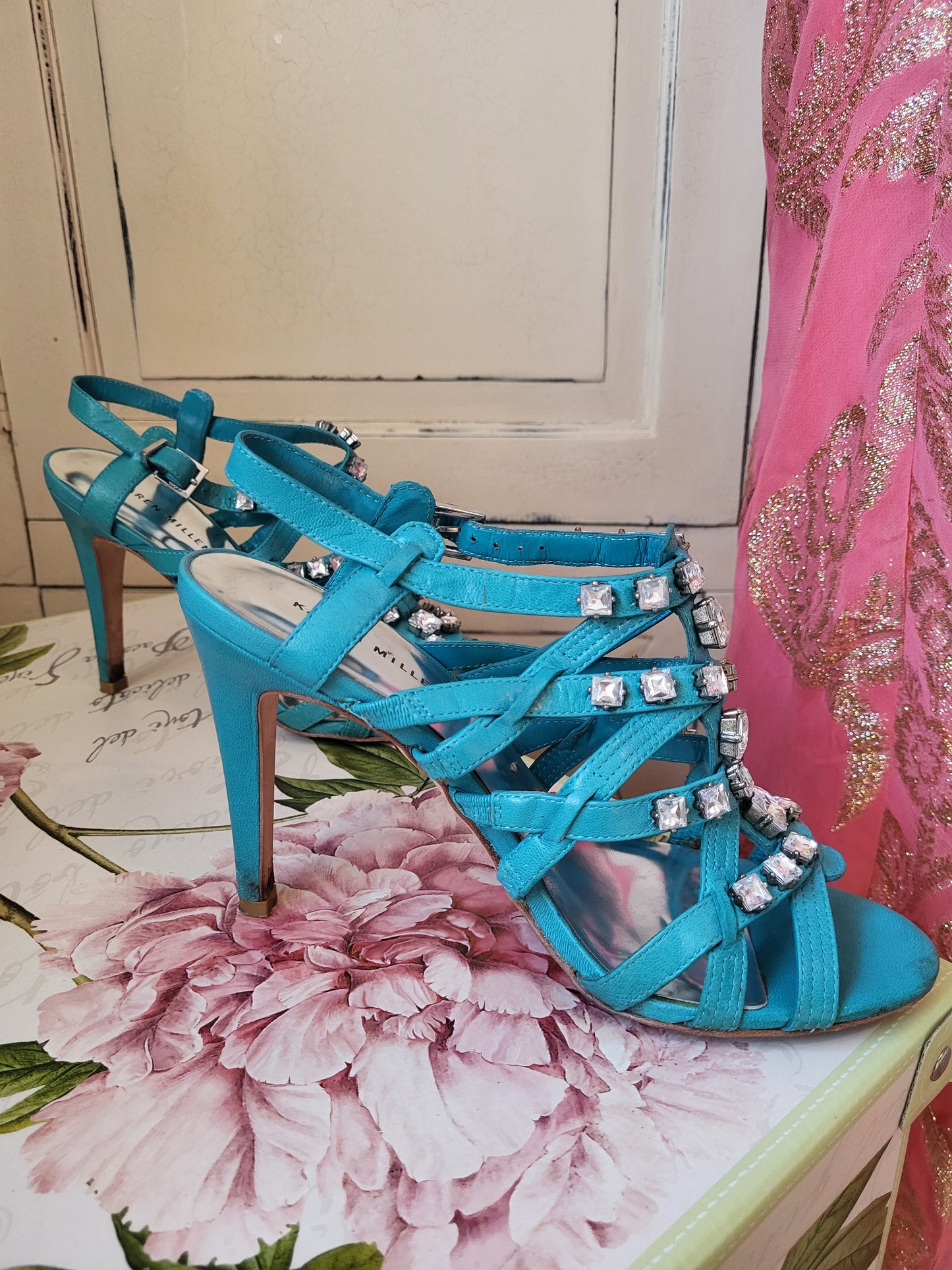 Karen Millen Turquoise Diamante Studded Heeled Sandals