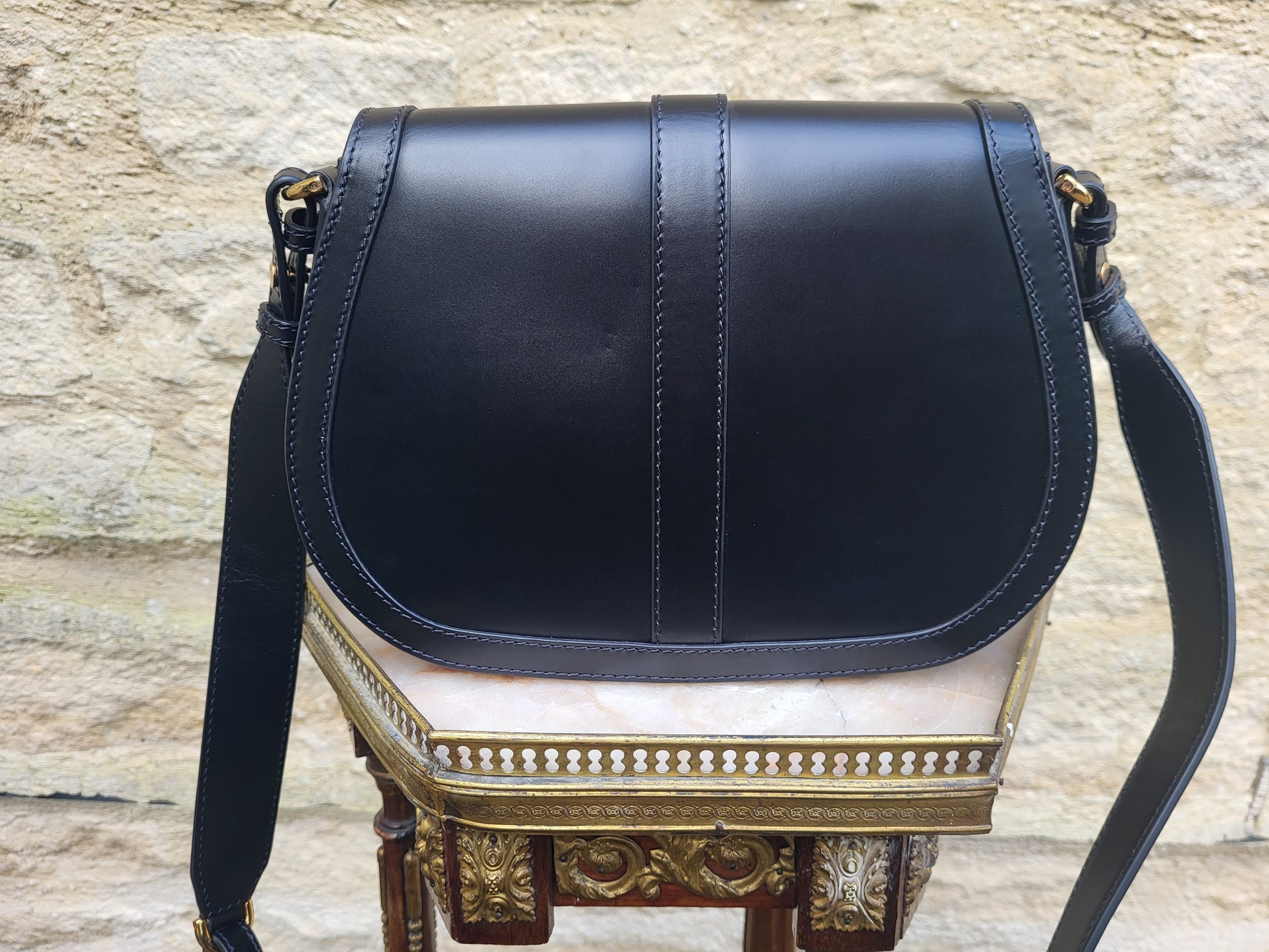 Versace Greca Goddess black leather crossbody bag, brand new with tags. Rear view.