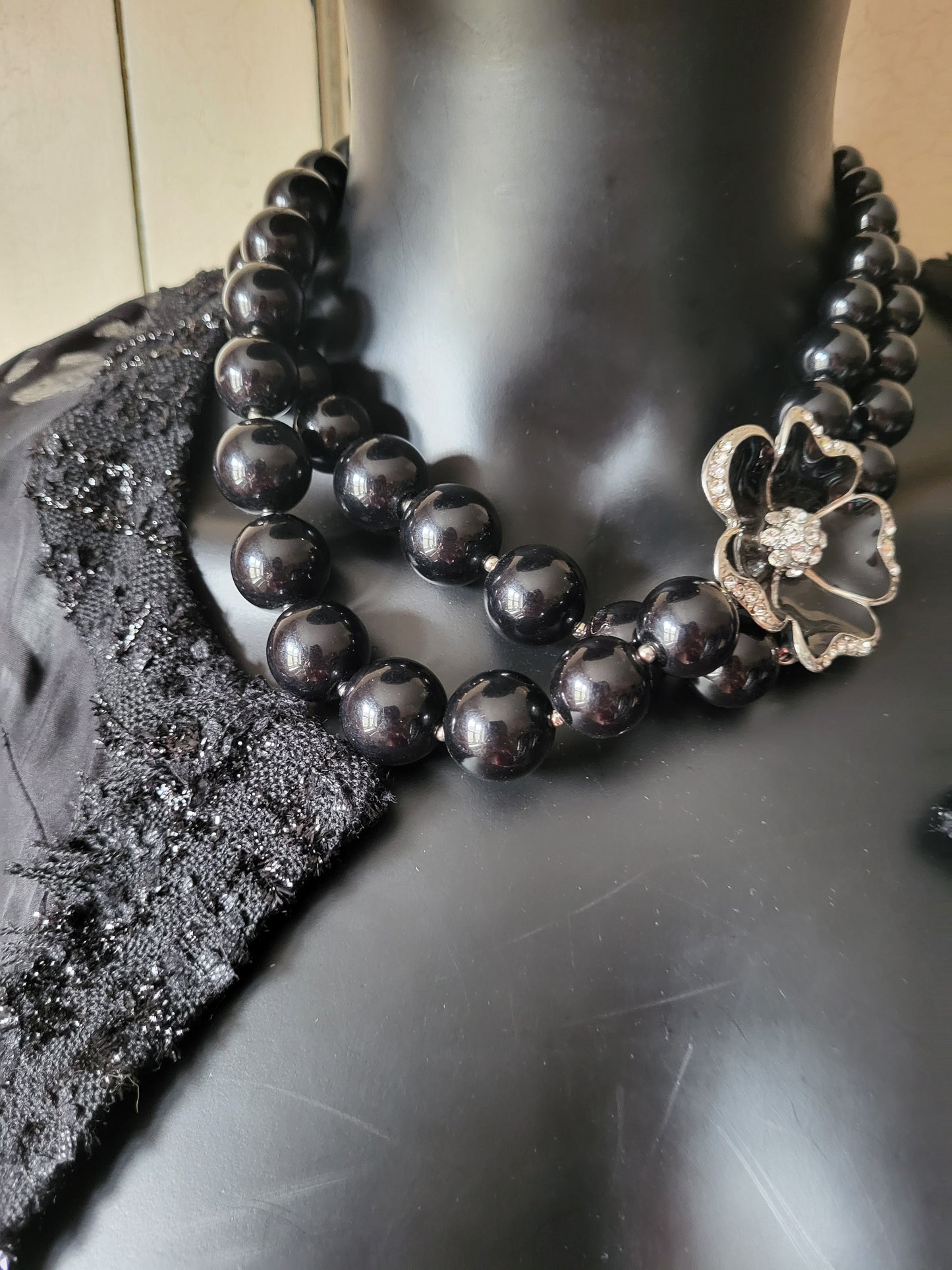 Statement Flower Beaded Necklace with Faux Diamante
