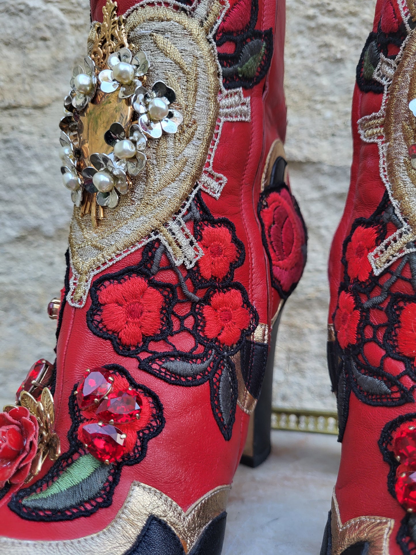 Dolce & Gabbana Baroque Embellished Red Leather Boots
