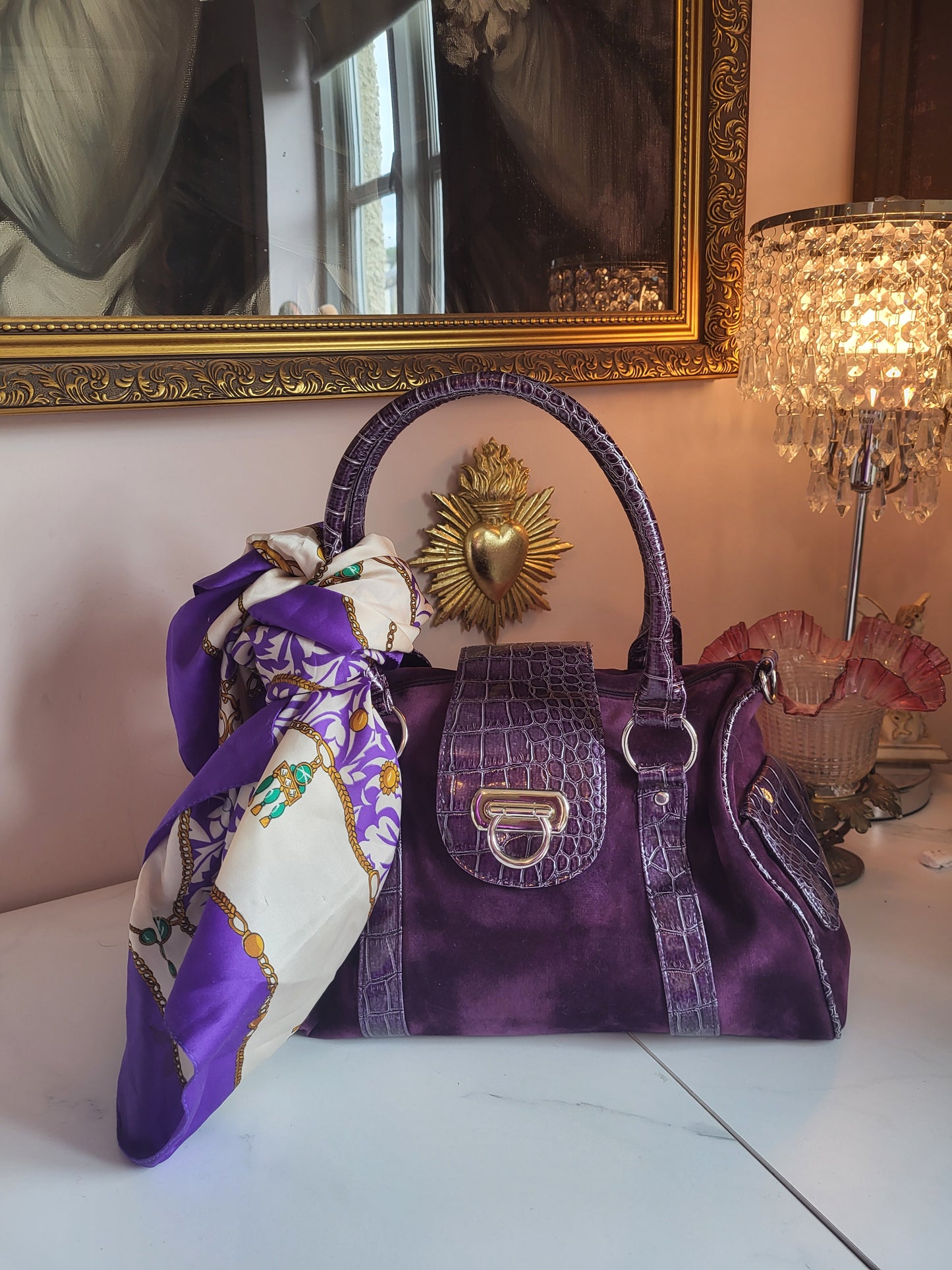 Midnight Purple Velour Tote Bag with Faux Croc Detailing