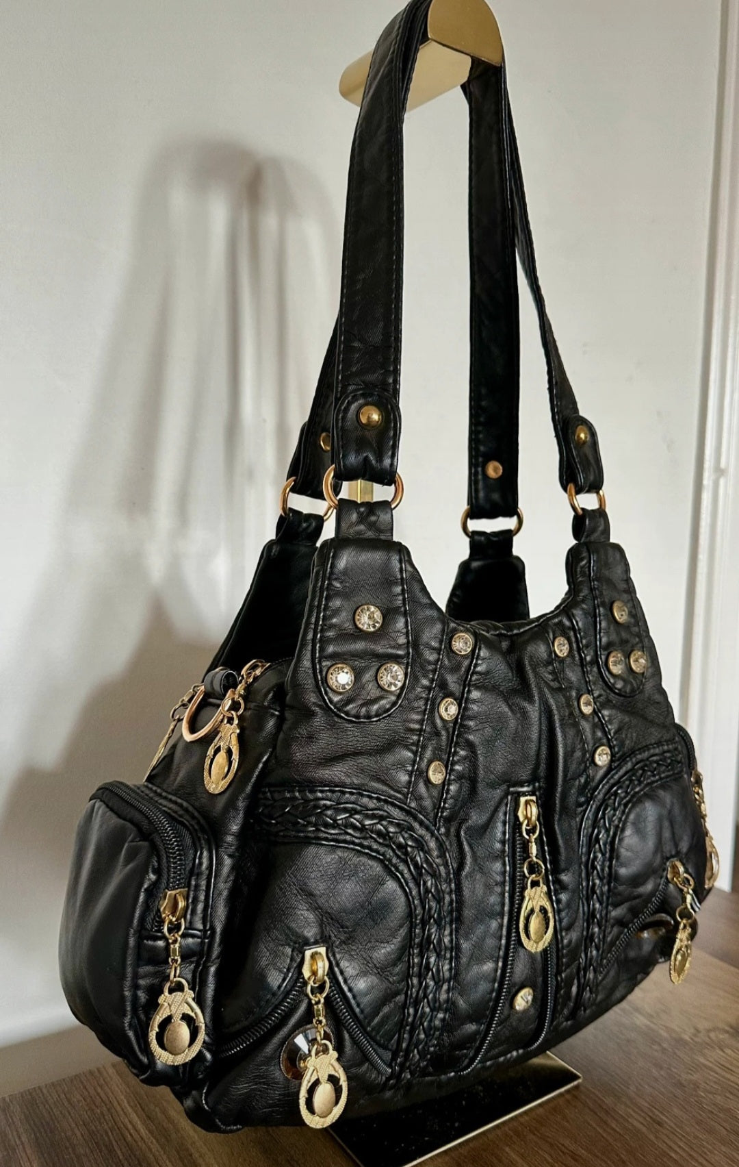 Vintage Black Faux Leather Handbag with Gold Tone Hardware