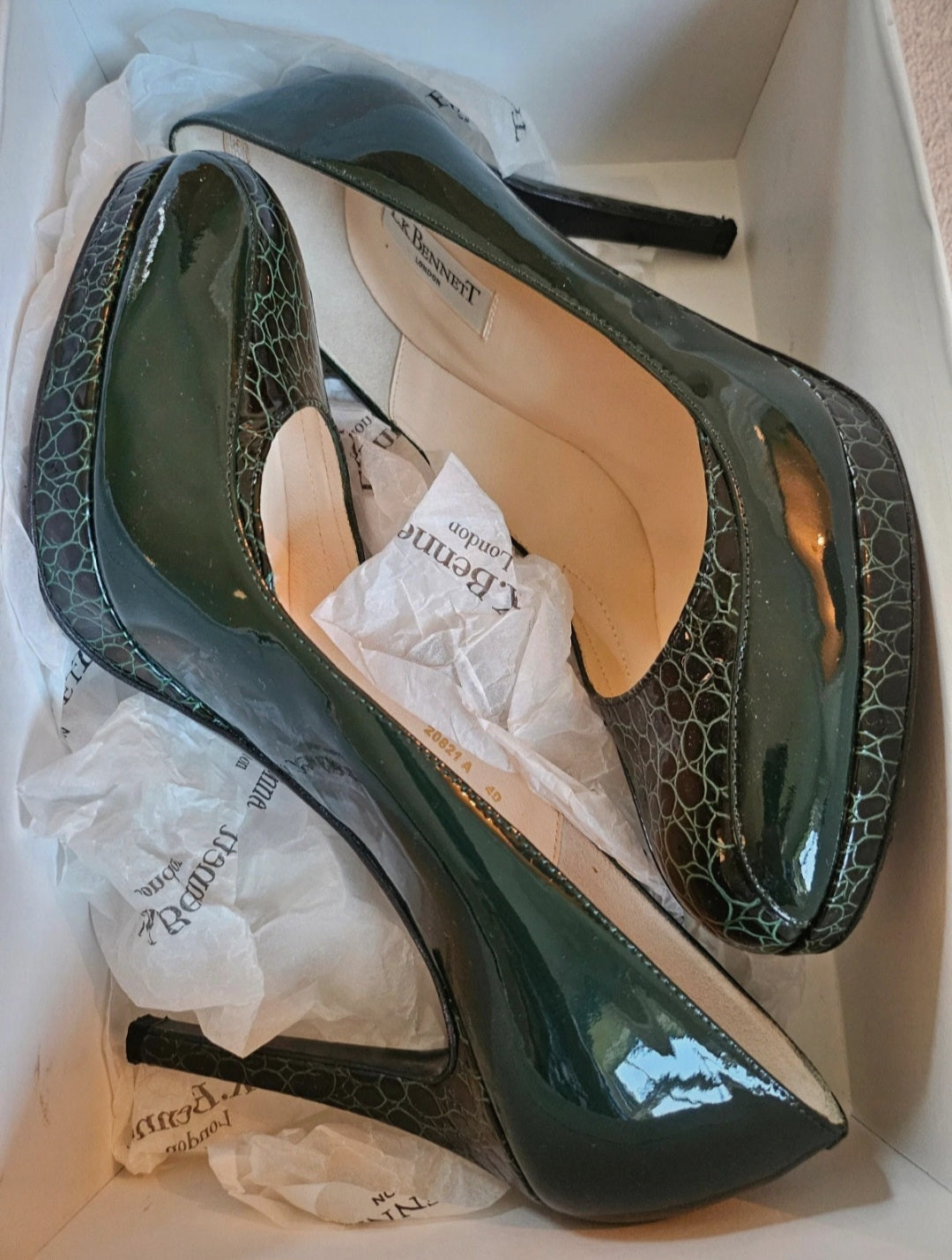 L.K Bennett Patent Olive Croc Stiletto Heels