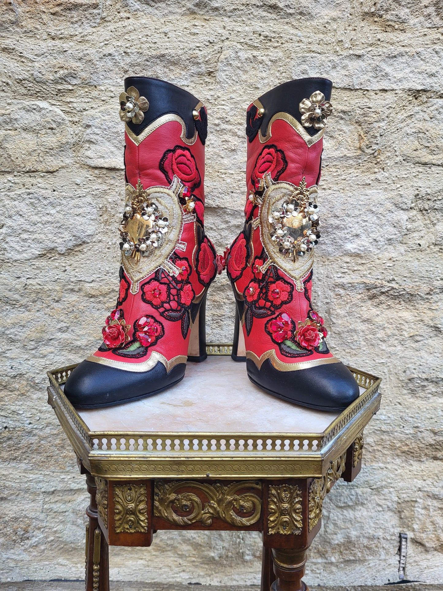 Dolce & Gabbana Baroque Embellished Red Leather Boots