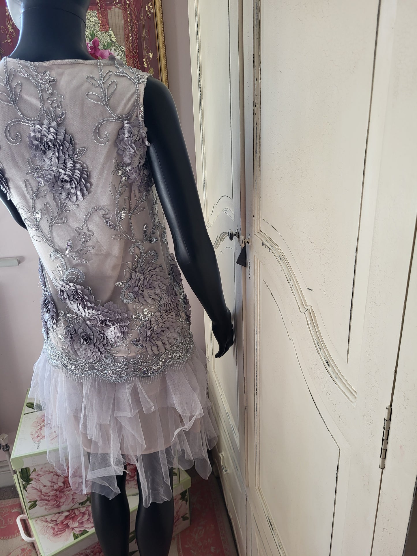 Vintage Silver Hand Embroidered Tulle Dress