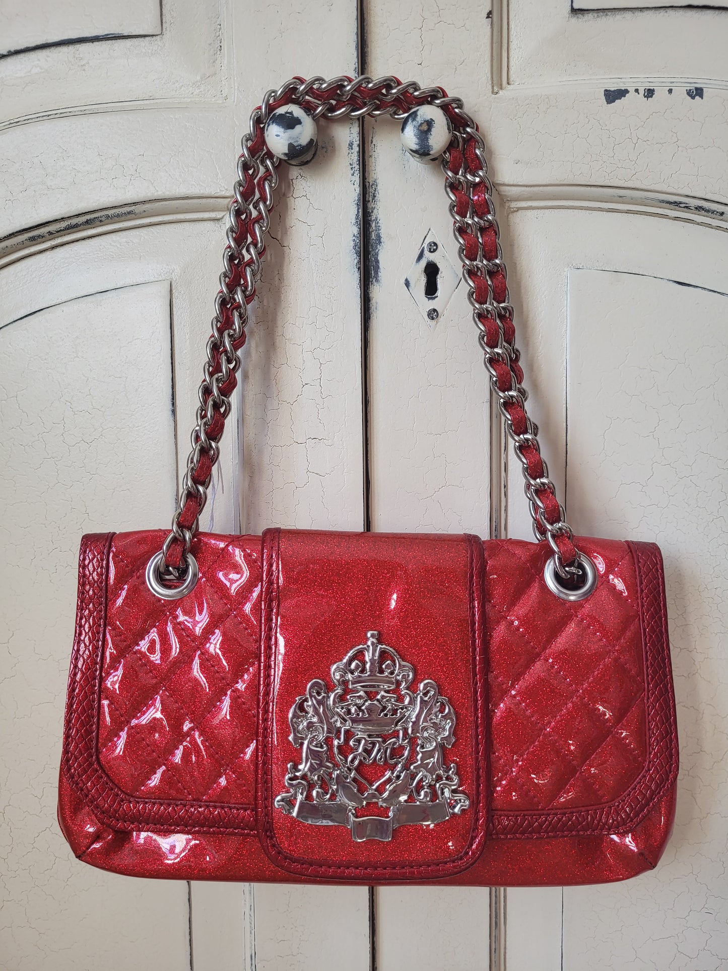 Julian Macdonald Red Patent Glitter Chain Bag with Silver Emblem