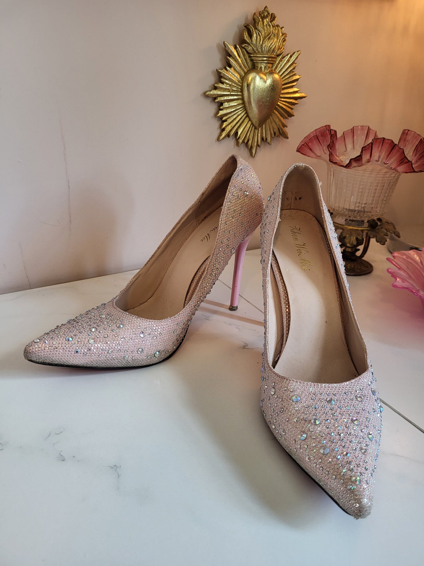 Pink Diamante Heels with Red Soles
