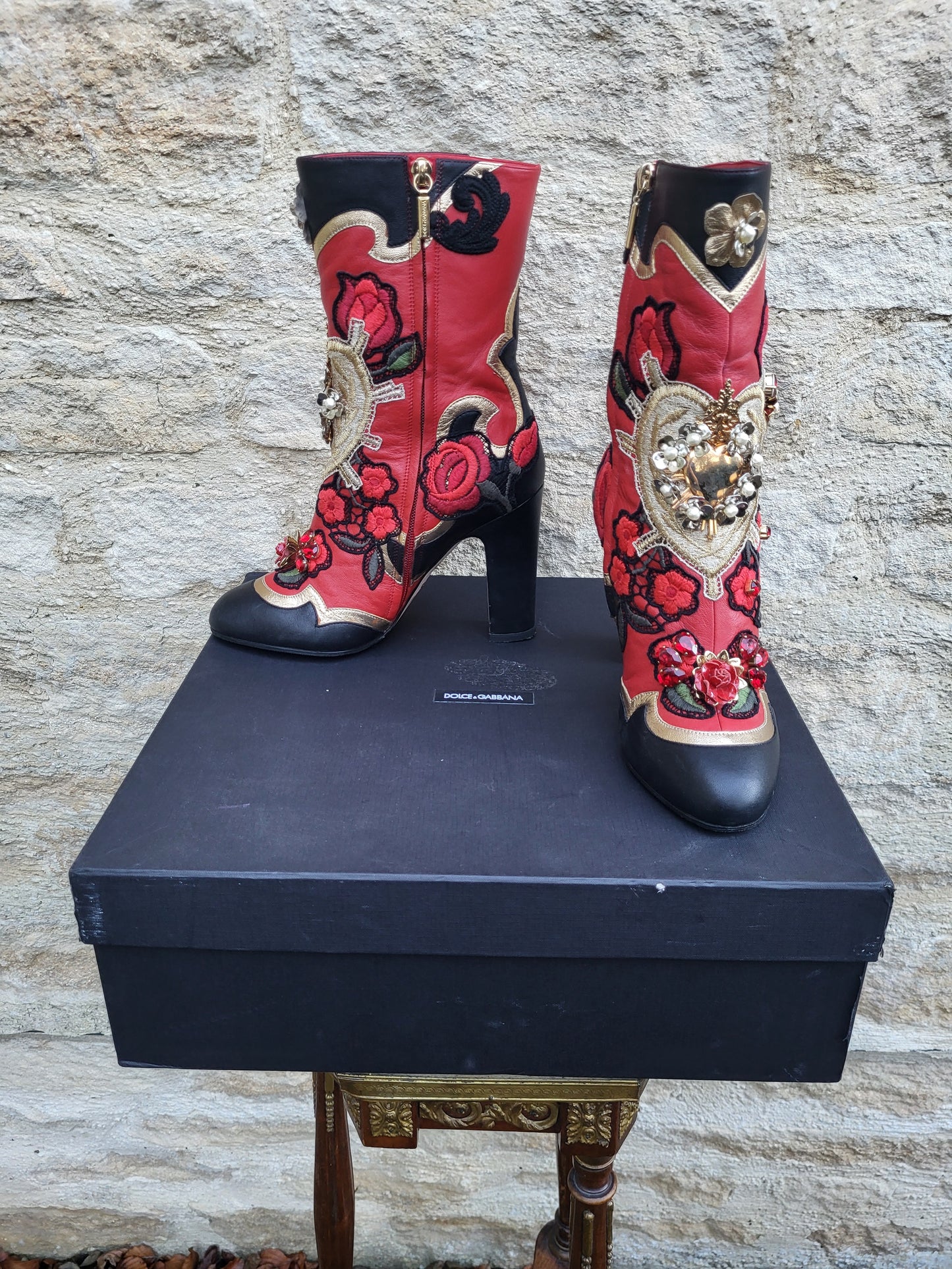 Dolce & Gabbana Baroque Embellished Red Leather Boots